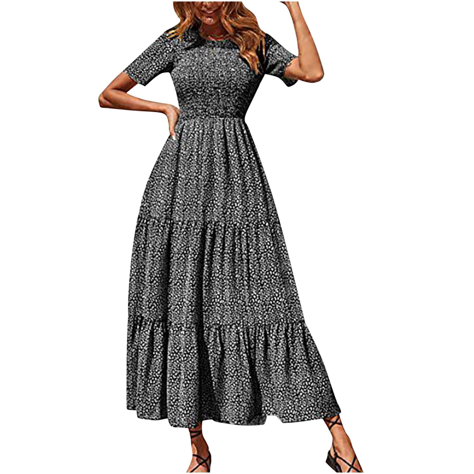 Women's Floral Print Summer Maxi Dress - Short Sleeve Crewneck Bohemian Beach Dress with Empire Waist & Flowy Swing Skirt | Perfect for Casual Wear, Vacations, and Beach Outings