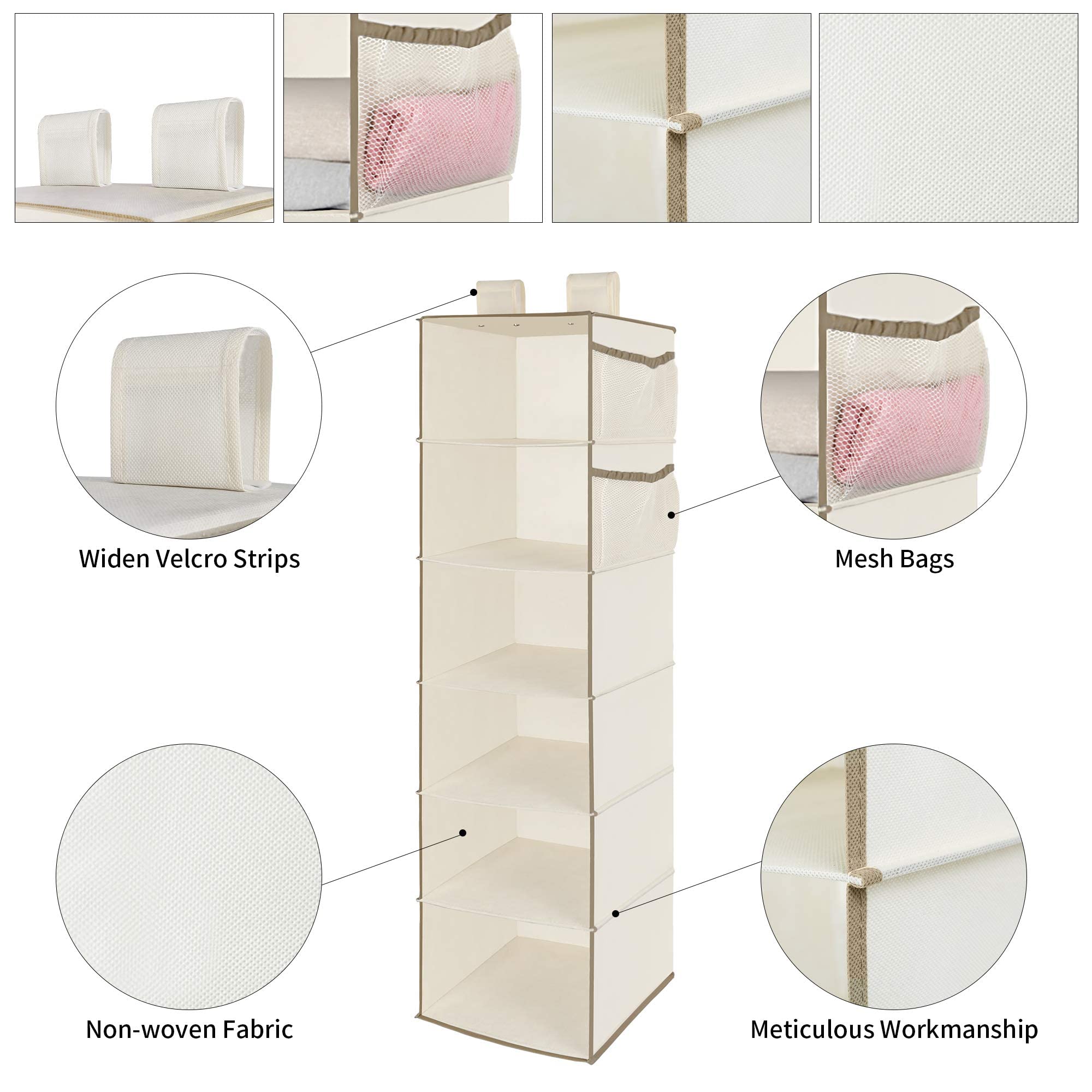 MAX Houser 6-Tier Hanging Closet Organizer Shelf with 2 Heavy-Duty Hooks - Foldable Space-Saving Storage Solution for Bedroom, Closet & Dorm (Grey & Beige) - Perfect for Organizing Clothes, Shoes & Accessories