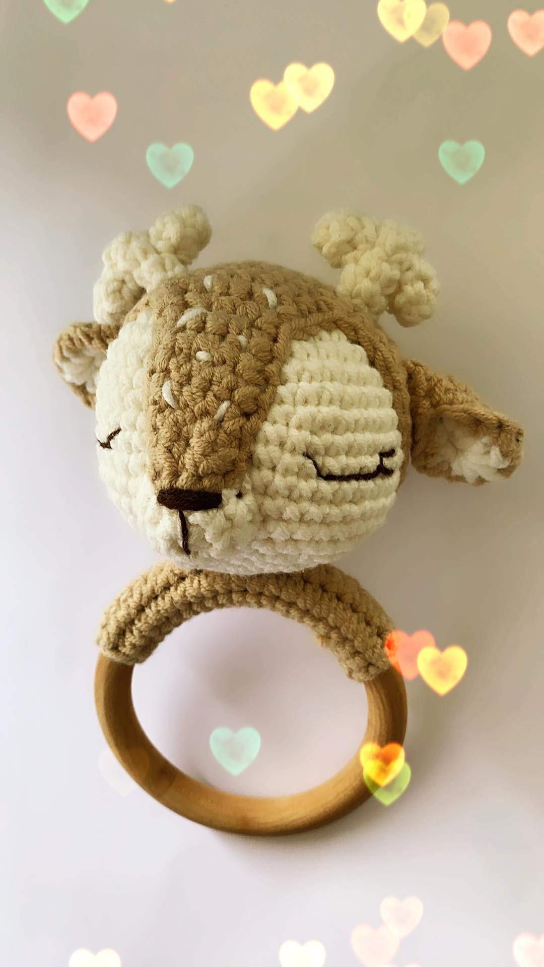 Handmade Beige Crochet Reindeer Rattle Plush Toy - Soft Baby Shower Gift & Nursery Decor for Toddlers - Perfect for Sensory Play, Early Learning & Christmas Stocking Stuffers