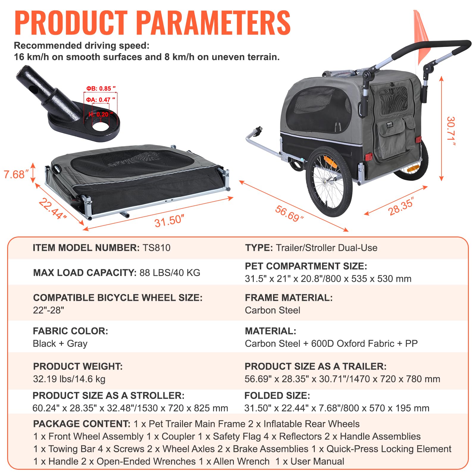 VEVOR 2-in-1 Dog Bike Trailer & Pet Stroller - Heavy Duty 88 lbs Capacity Bicycle Carrier for Large Dogs - Foldable Frame with Quick Release Wheels, Universal Coupler, Safety Reflectors & Flag (Black/Gray) - Perfect for Cycling Adventures, Park Visits & Outdoor Activities with Your Pet