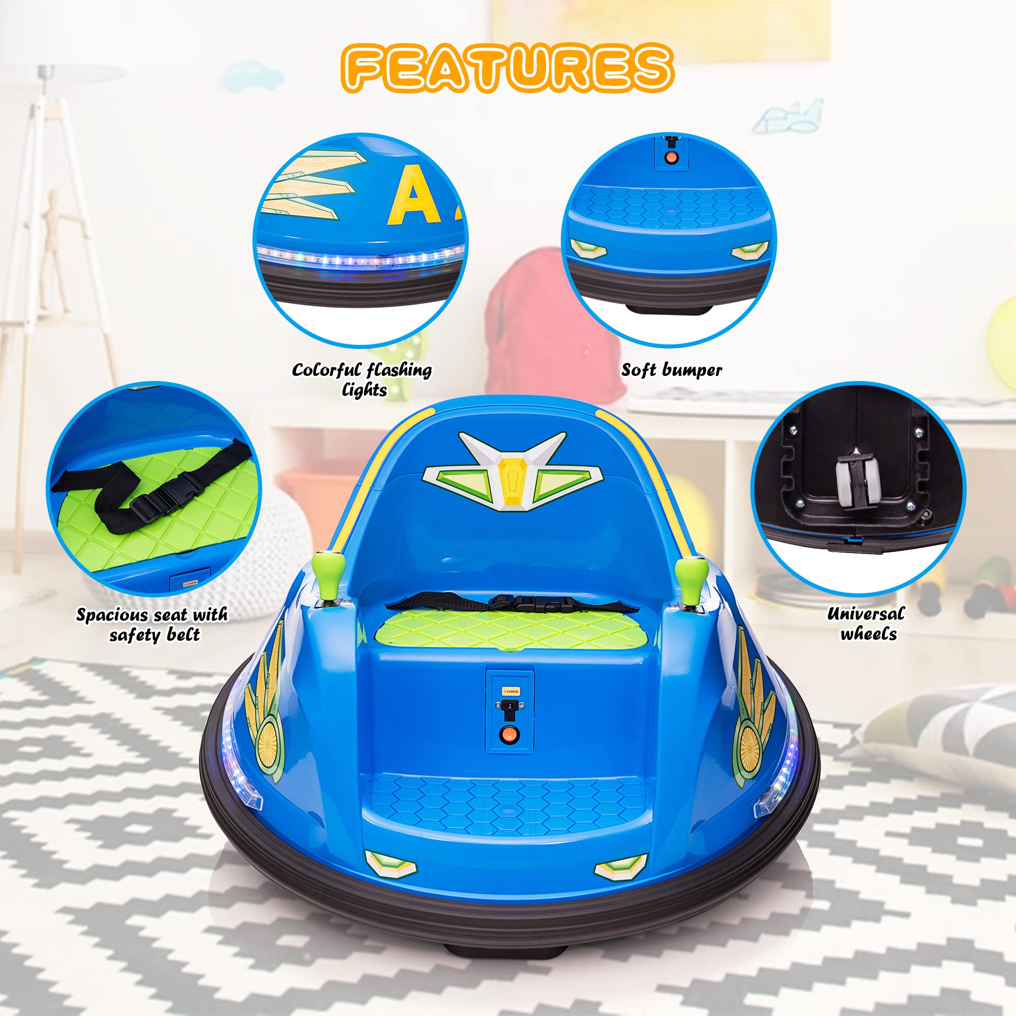 TOBBI 12V Kids Electric Bumper Car with Remote Control, 360° Spin, LED Lights & Music - Twin Motor Ride On Toy for Boys & Girls Ages 3-8 (Light Blue & Green) - Perfect for Indoor & Outdoor Play, Birthday Gifts & Family Fun