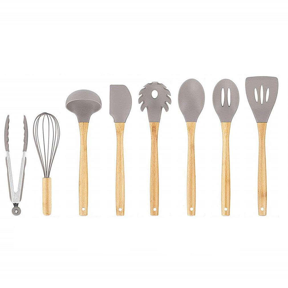 8-Piece Non-Stick Heat Resistant Silicone Cooking Utensil Set with Wooden Handles & Storage Bucket - Essential Kitchen Gadgets for Baking, Frying & Cooking - Perfect for Home Chefs & Professional Kitchens