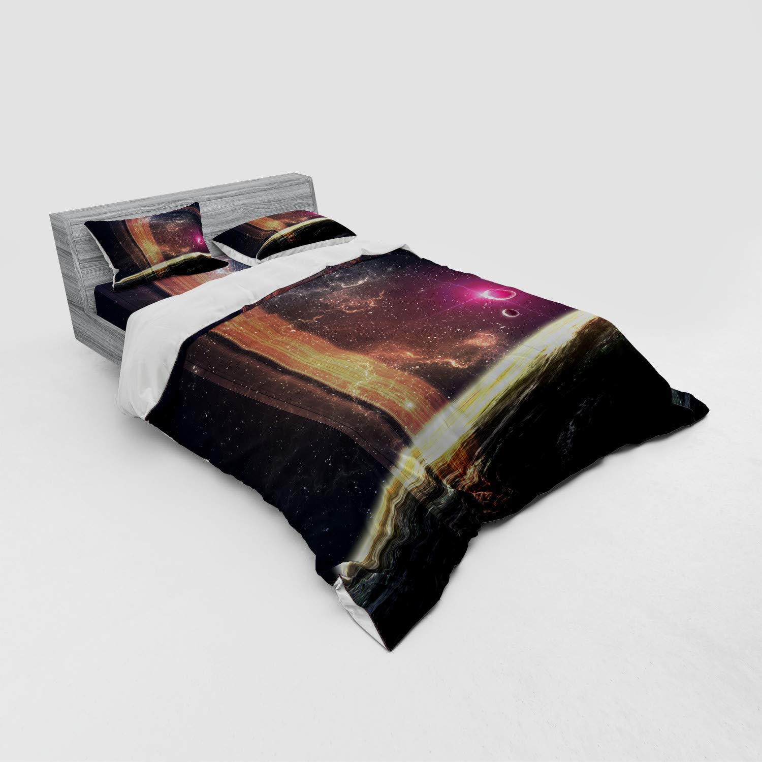 Ambesonne Galaxy Bedding Set Queen Size - 4 Piece Duvet Cover with Shams & Fitted Sheet, Deep Space Planets Nebula Stars Sci-Fi Art in Dark Grey Magenta - Perfect for Astronomy Lovers & Space-Themed Bedrooms
