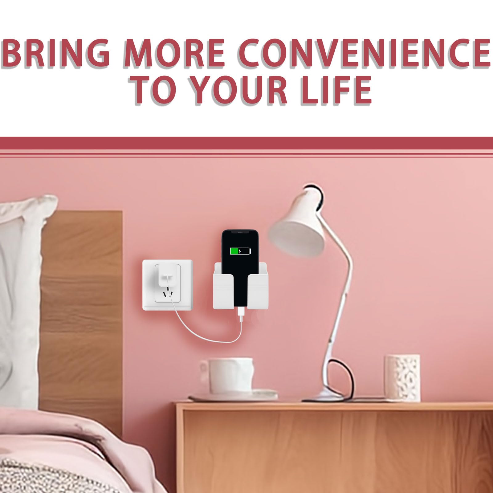 2PCS Adhesive Wall Mount Phone Holder with Cable Hole - Universal Remote Control & Smartphone Stand for Bedroom, Living Room, Bathroom, Kitchen & Office - Space Saving Organizer (White) - Perfect for Charging & Hands-Free Viewing While Cooking, Working or Relaxing