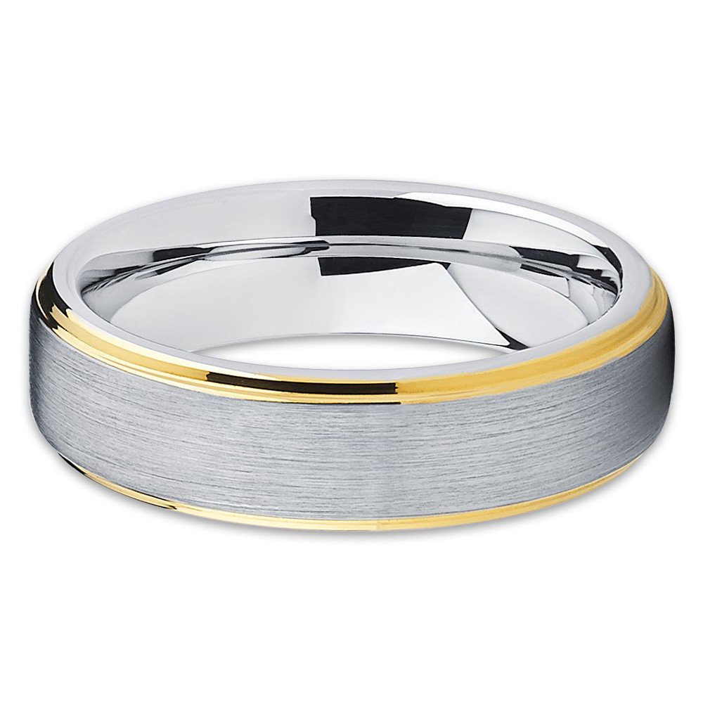 Gray Tungsten Wedding Band for Men - 6mm Brushed Yellow Gold Tungsten Ring - Durable & Scratch Resistant Anniversary Ring - Perfect for Weddings, Engagements & Special Occasions