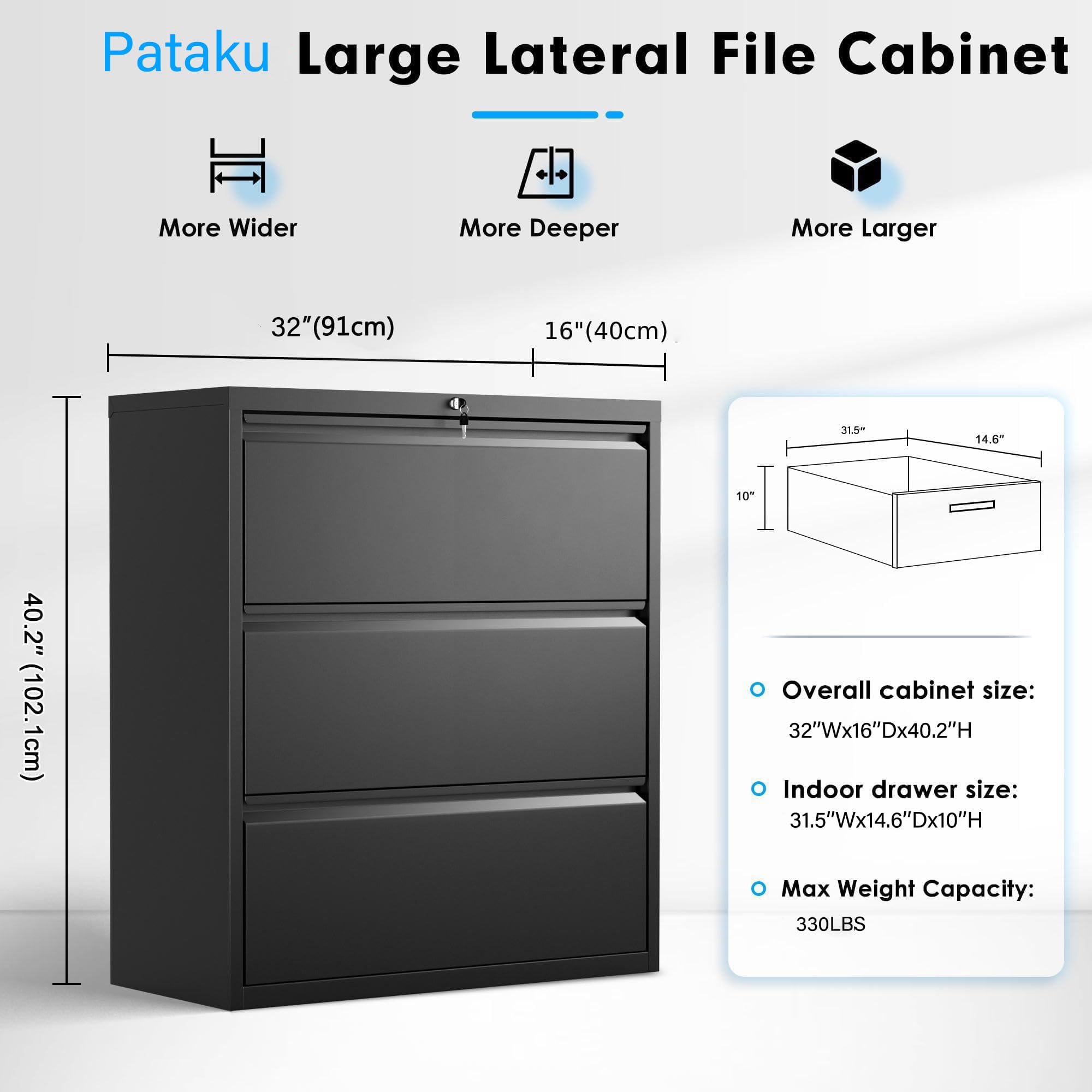 Pataku 3-Drawer Metal Lateral File Cabinet with Lock - Steel Office & Home Filing Cabinet for Letter, Legal, F4 & A4 Hanging Files - Wide Storage Organization Solution for Documents, Records & Office Supplies (Black)
