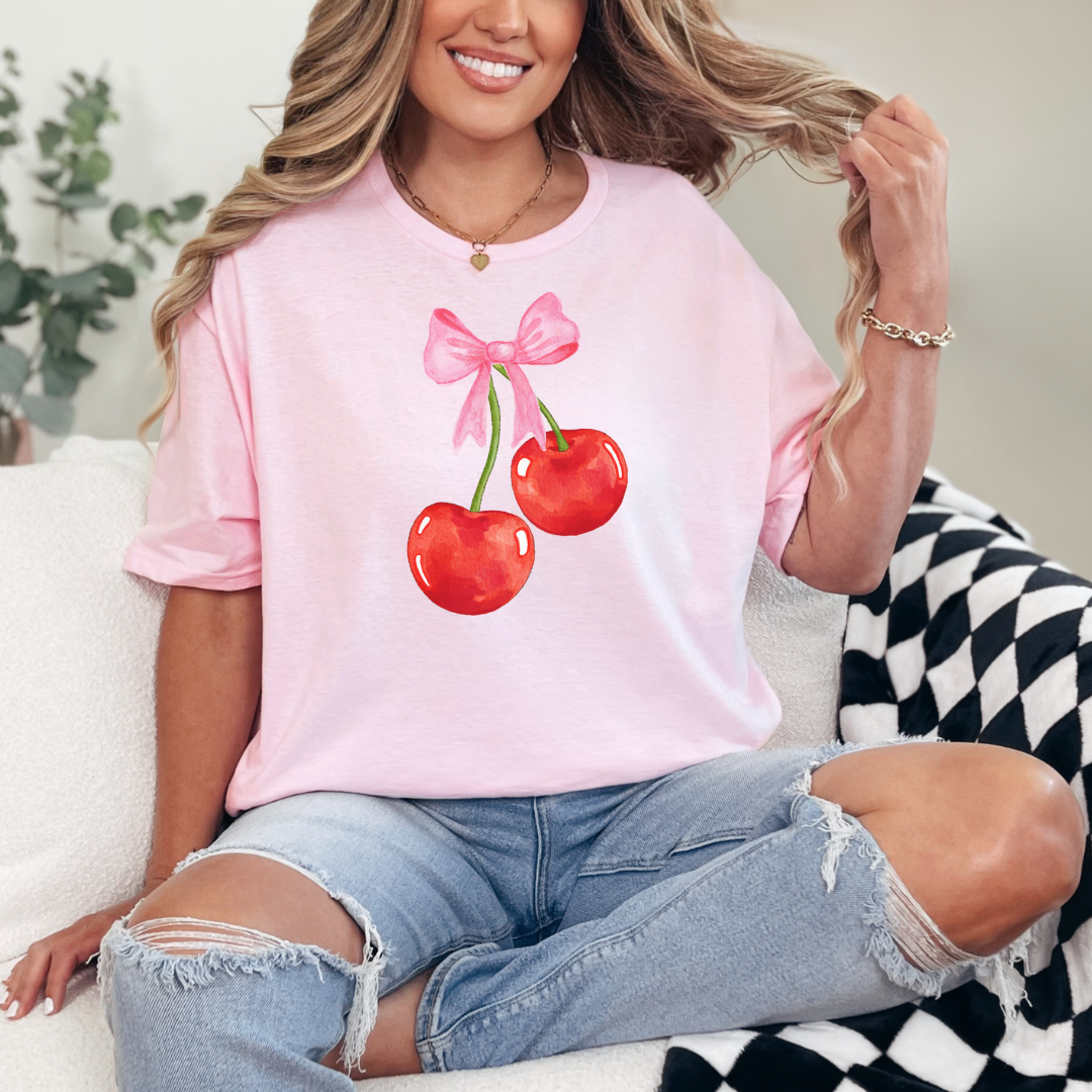 Cherry Bow Graphic Tee - Women's Cute Casual Short Sleeve T-Shirt for Summer Outfits, Streetwear & Date Nights