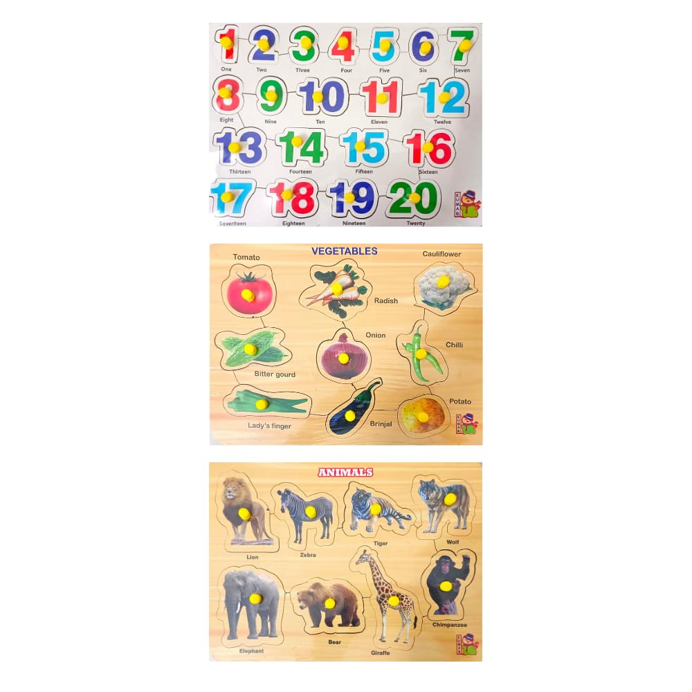 Educational Wooden Puzzle Learning Boards for Kids 3+ & Adults - Alphabet, Numbers, Animals, Fruits & Vegetables Jigsaw Toy Set - Perfect for Early Childhood Development, Homeschooling & Family Game Night