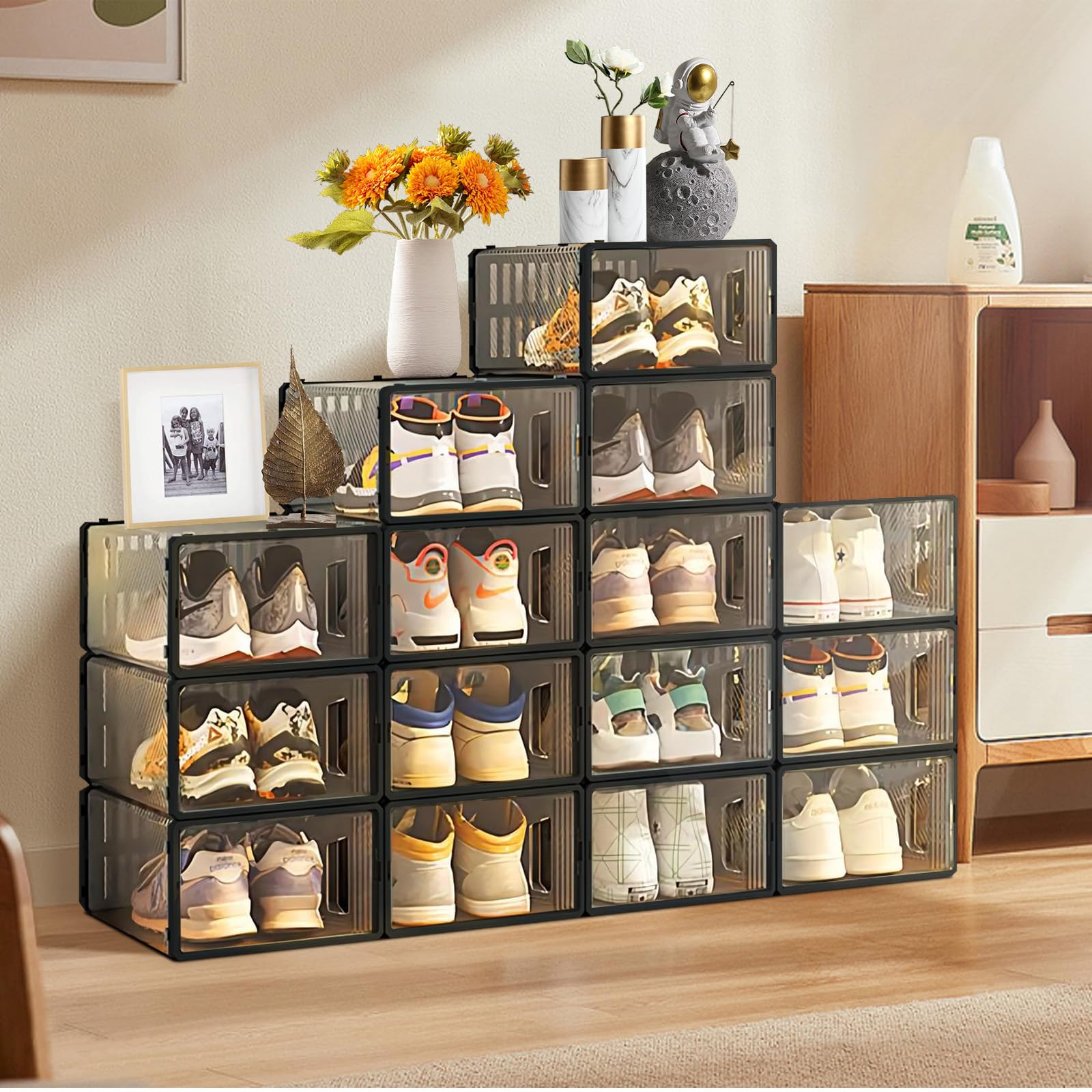 15 Pack Clear Plastic Stackable Shoe Storage Boxes - Large Black Foldable Shoe Organizer for Closet Space Saving, Drawer Substitute | Perfect for Sneakers, Boots & Heels Organization in Bedroom, Dorm & Entryway
