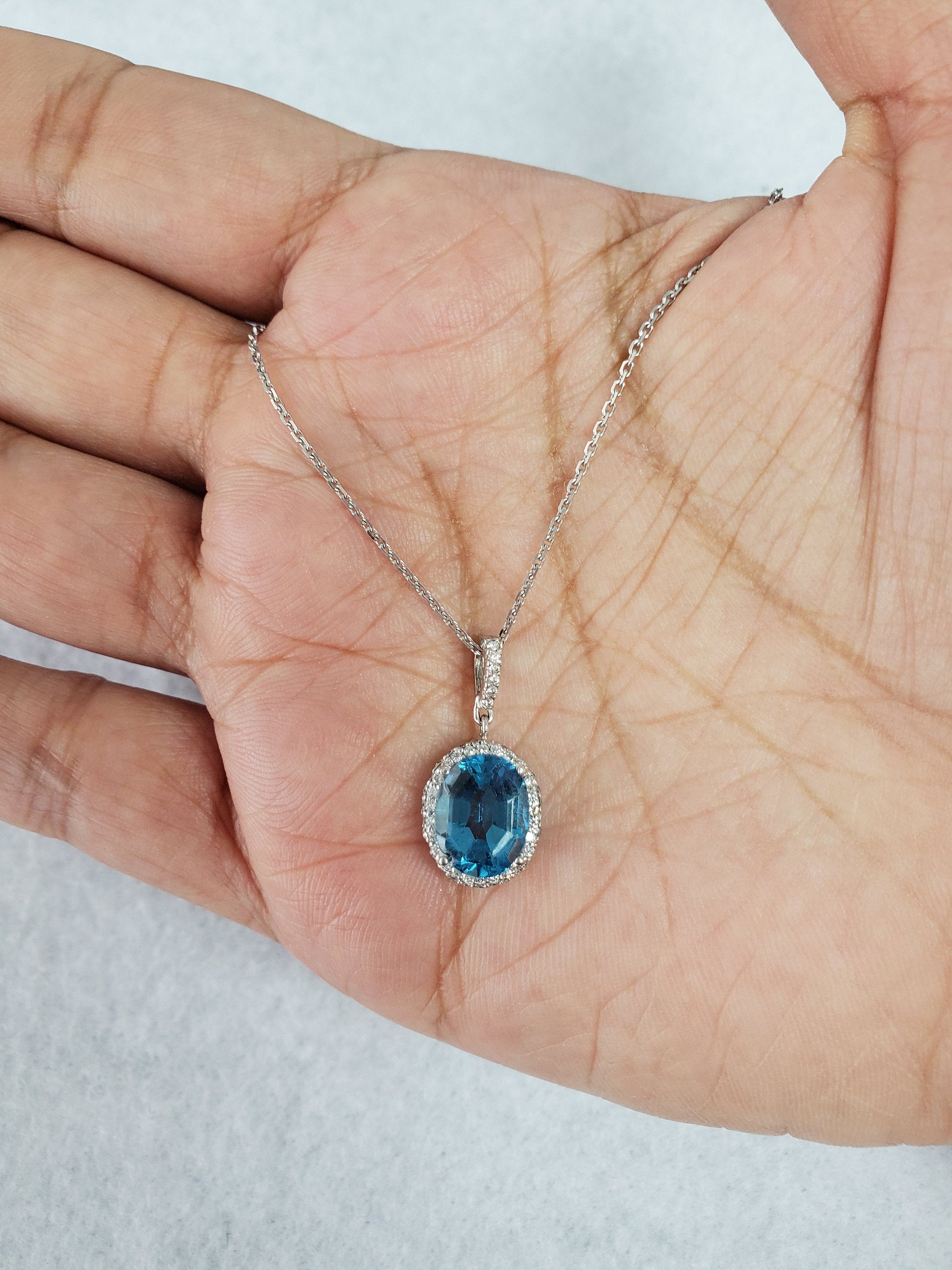14k White Gold Blue Topaz Diamond Halo Necklace - Elegant Jewelry Gift for Women, Perfect for Anniversary, Birthday & Special Occasions