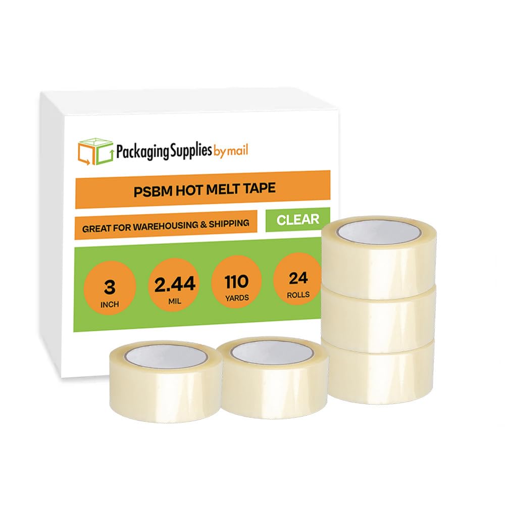 PSBM Heavy Duty Packing Tape - 3 Inch x 110 Yards, 24 Rolls Clear Hotmelt Adhesive Tape for Shipping, Moving & Storage | Dispenser Refill | Strong 2.44 Mil Packaging Tape for Box Sealing, Ecommerce Shipping & Warehouse Use
