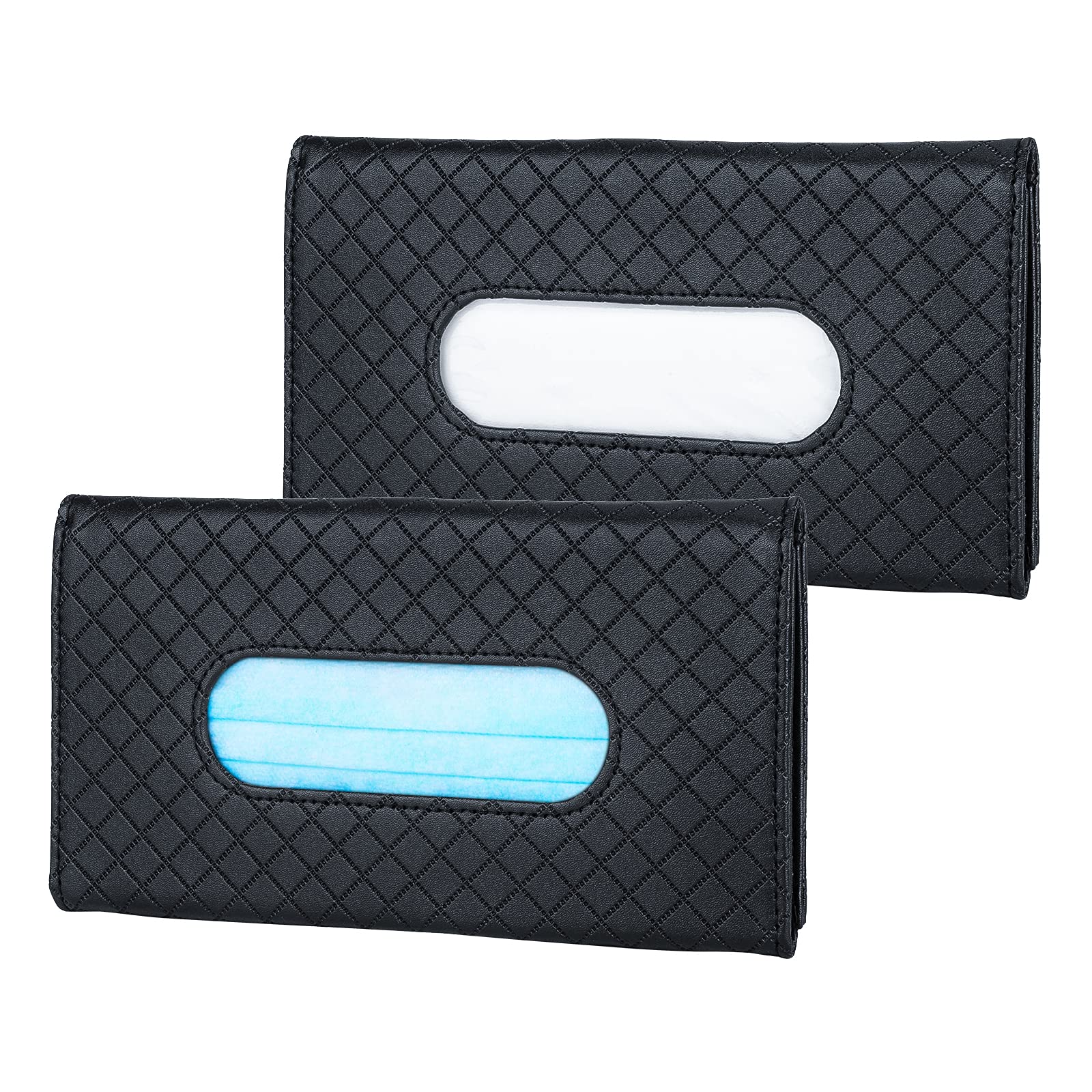 OHMOTOR 2-Pack Car Tissue Holder & Mask Organizer - PU Leather Sun Visor Napkin Dispenser for Car Backrest - Black Car Accessories for Road Trips & Daily Commute