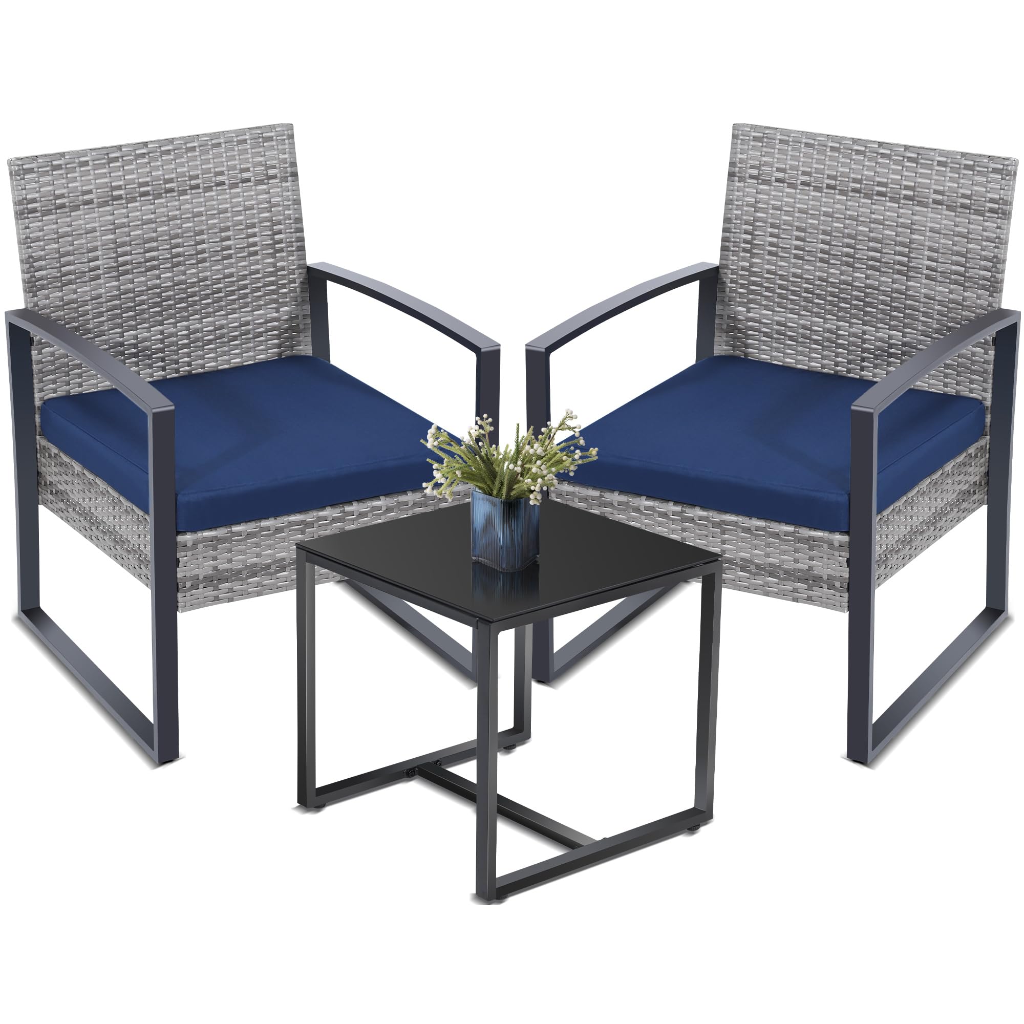 3-Piece Outdoor Wicker Bistro Set with Table & 2 Chairs - Grey Rattan Patio Furniture with Blue Cushions - Perfect for Porch, Balcony, Garden & Backyard Relaxation