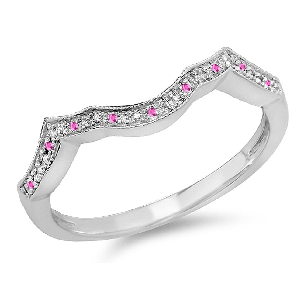 Dazzlingrock Collection Round Genuine Pink Sapphire & White Diamond Stackable Wedding Anniversary Ring for Women, Sterling Silver - Perfect for Bridal, Engagement, and Special Occasion Jewelry Gifts