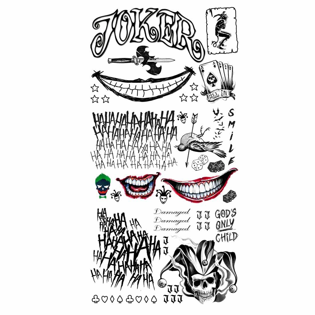 Joker Tattoos Set - 50pcs Halloween Temporary Tattoos Stickers for Joker Costume, Cosplay & Masquerade Party Makeup Accessories - Perfect for Halloween, Comic Con & Themed Parties
