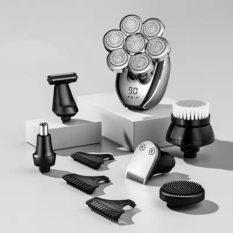 7-Blade Electric Shaver & Nose Hair Trimmer - Rechargeable 6-in-1 Bald Hair Clipper with Detachable Multi-Function Head for Men | Perfect for Travel, Home Grooming & Quick Shaves