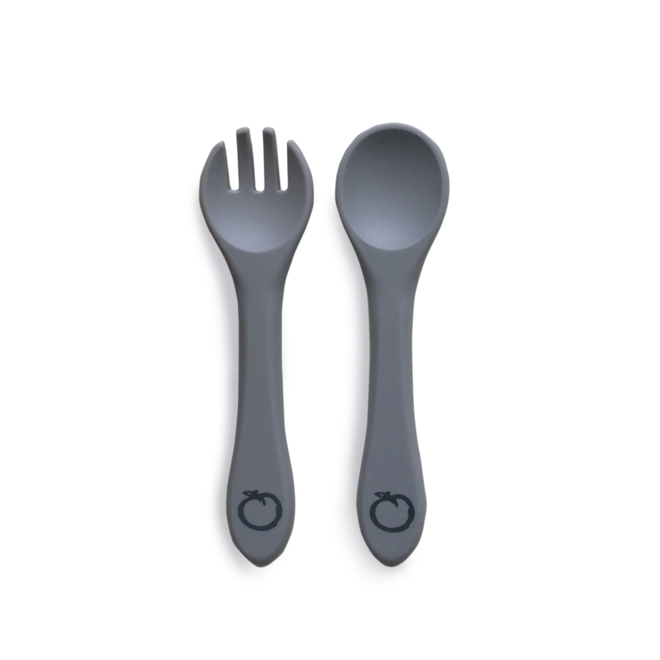 Premium Plum Silicone 2-Piece Fork & Spoon Set - Soft BPA-Free Baby Feeding Utensils, Dishwasher Safe (Grey) - Ideal for Toddlers, Travel & On-the-Go Meals