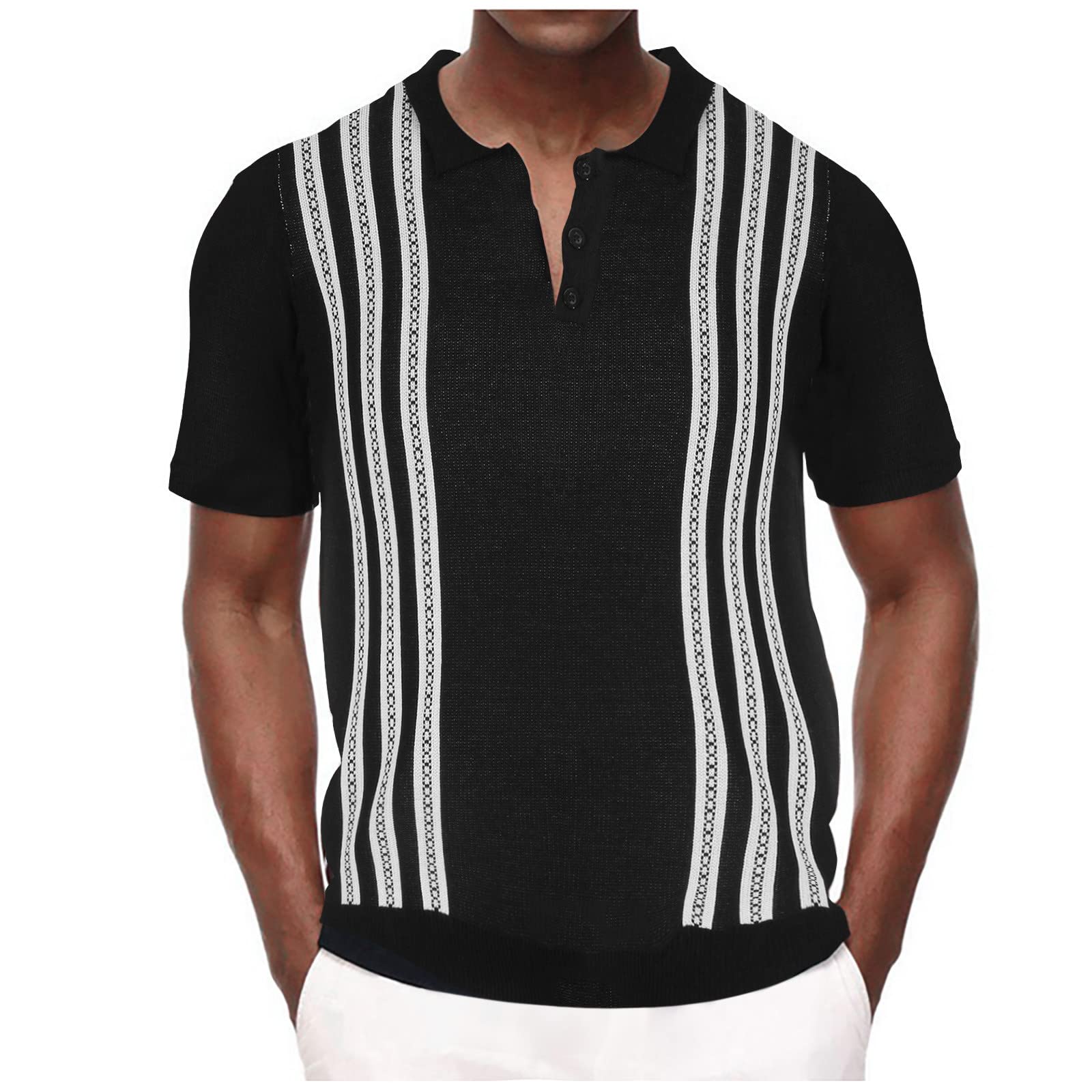 Men's Vintage Stripe Polo Shirts - Short Sleeve Knit Shirt with Lapel Collar - Casual Summer Tops for Work & Outdoor Activities | NEE81PD