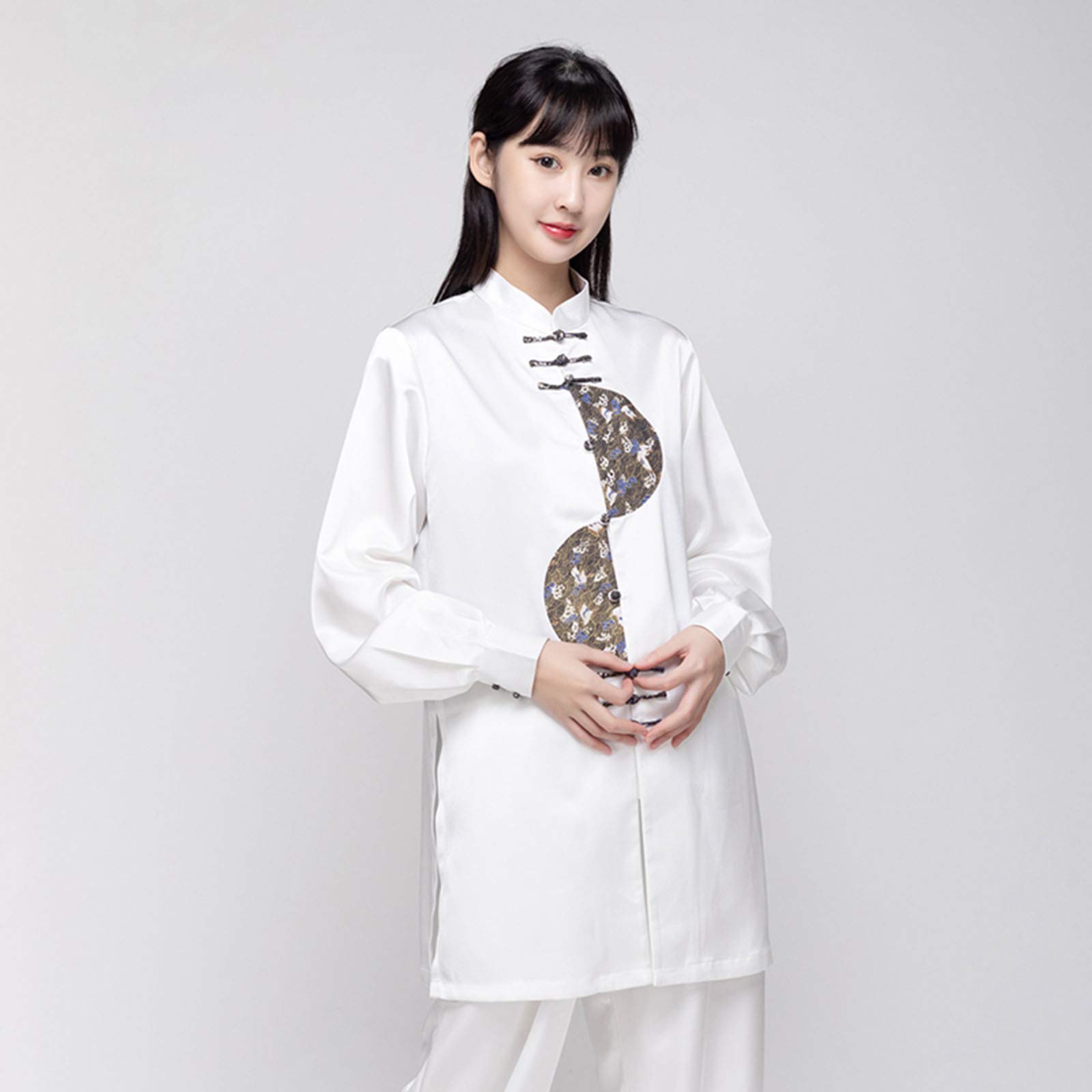 Traditional Chinese Martial Arts Uniform for Men & Women - Tai Chi Kung Fu Practice Suit for Spring Summer Fall - Breathable Long Sleeve Training Outfit - Pink (Large) & White (XS) - Ideal for Tai Chi, Qigong, Wushu & Meditation Classes