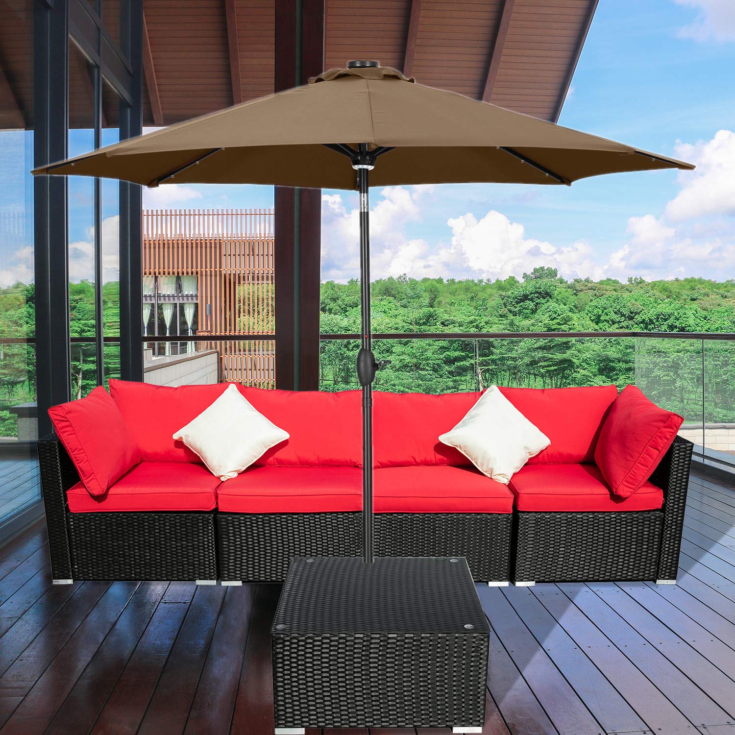 10ft Solar LED Patio Umbrella - Outdoor Garden Umbrella with Auto-Tilt & Wind Vent (Coffee Brown) - Perfect for Backyard, Poolside, and Outdoor Dining Areas