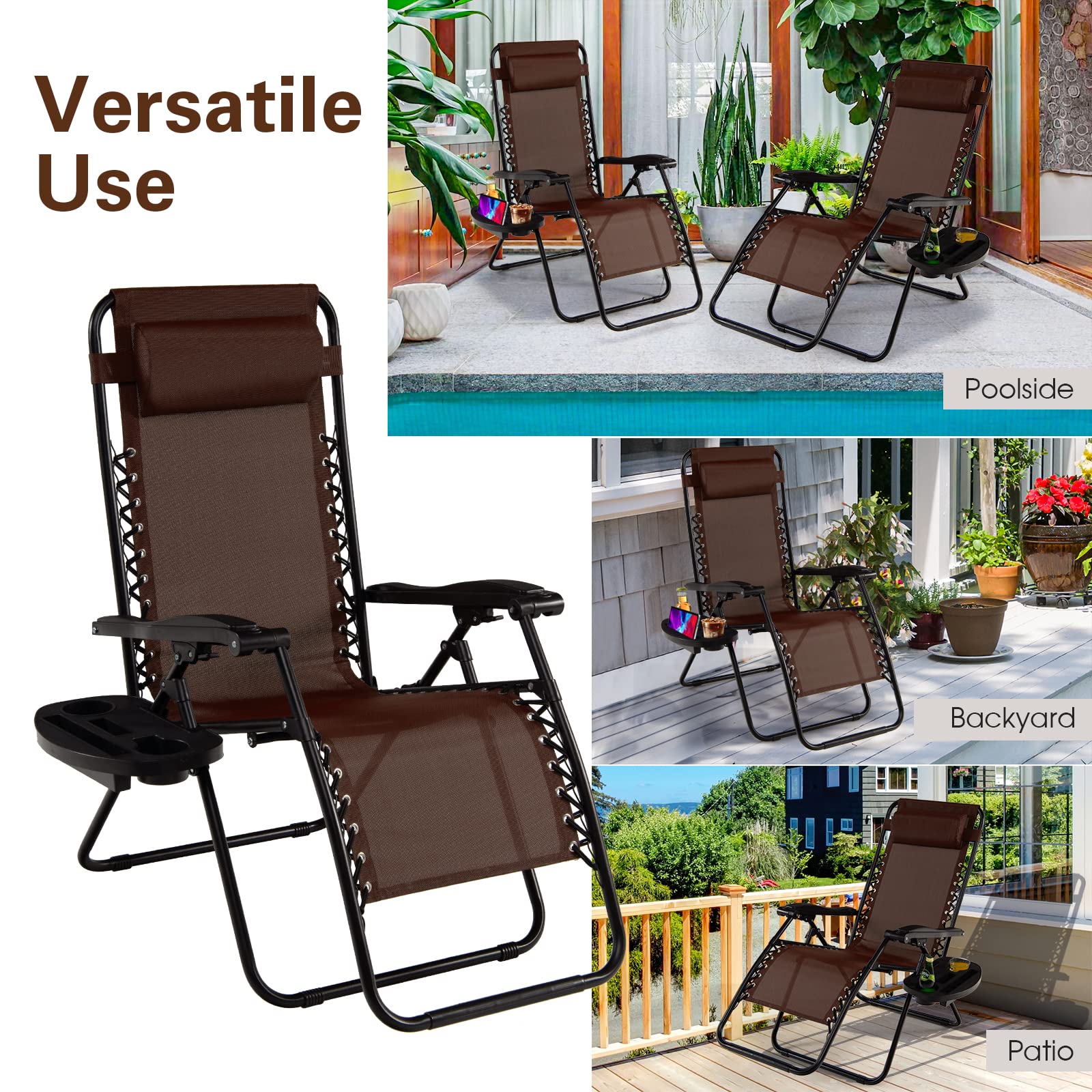 Goplus Zero Gravity Lounge Chairs Set of 2 - 160° Adjustable Folding Recliner with Pillow & Cup Holder, 350LBS Capacity - Comfortable Outdoor Patio Chairs for Backyard, Poolside, Beach & Camping (Brown) - Perfect for Relaxing, Sunbathing & Outdoor Lounging