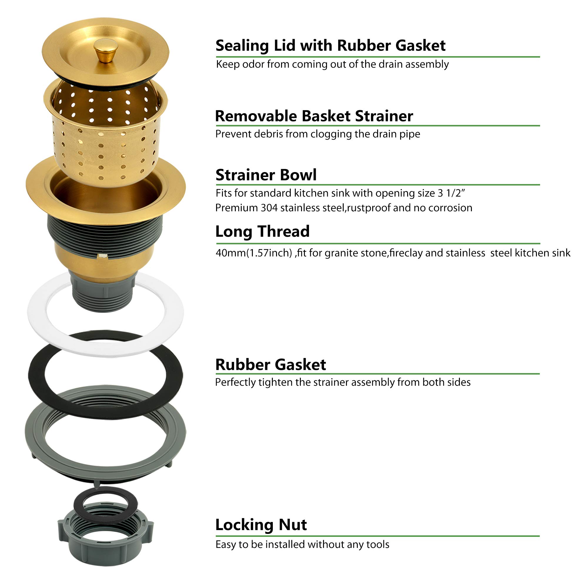 Premium Gold Kitchen Sink Drain Assembly - 3.5