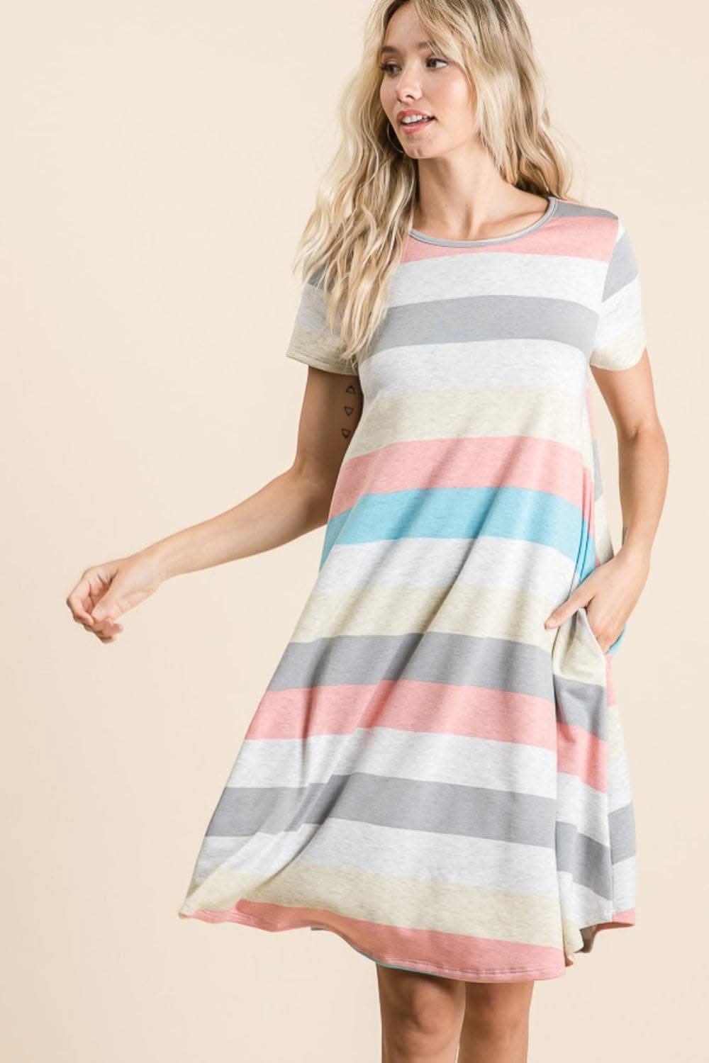 BOMBOM Women's Striped Short Sleeve Summer Dress with Pockets - Casual Flowy Comfortable Dress for Beach, Vacation & Everyday Wear