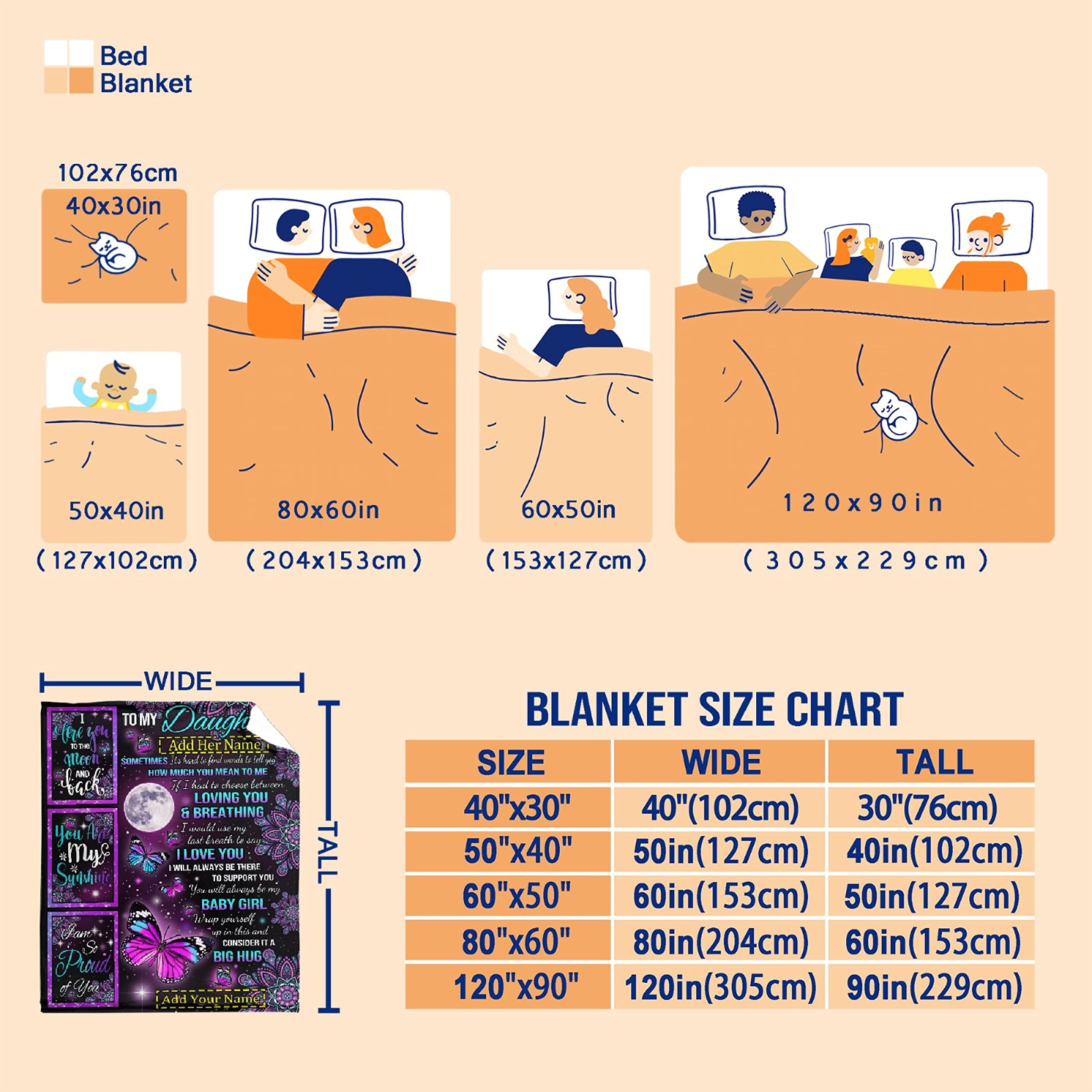 Personalized Custom Fleece Blanket for Daughter with Name - 90x120 Inches Super Soft Lightweight Flannel Throw - Perfect Gift from Mom & Dad for Birthday, Father's Day - Cozy for Bed, Couch, and Summer Nights