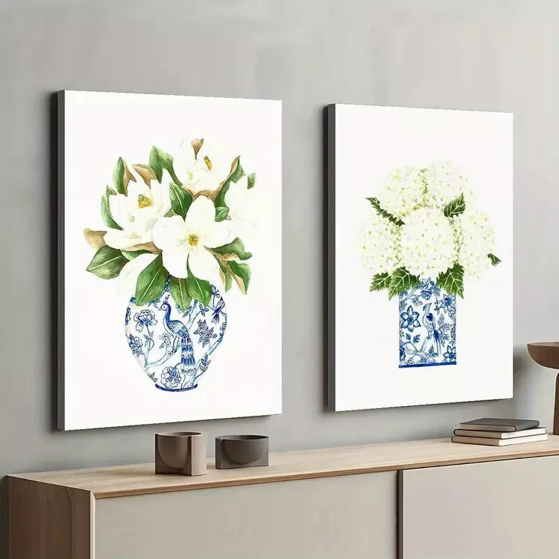 2-Piece Floral Blue and White Porcelain Vase Wall Art Set - 50x75cm High Quality Canvas Print | Australian Made | Ready to Hang | Perfect for Living Room, Bedroom & Office Decor