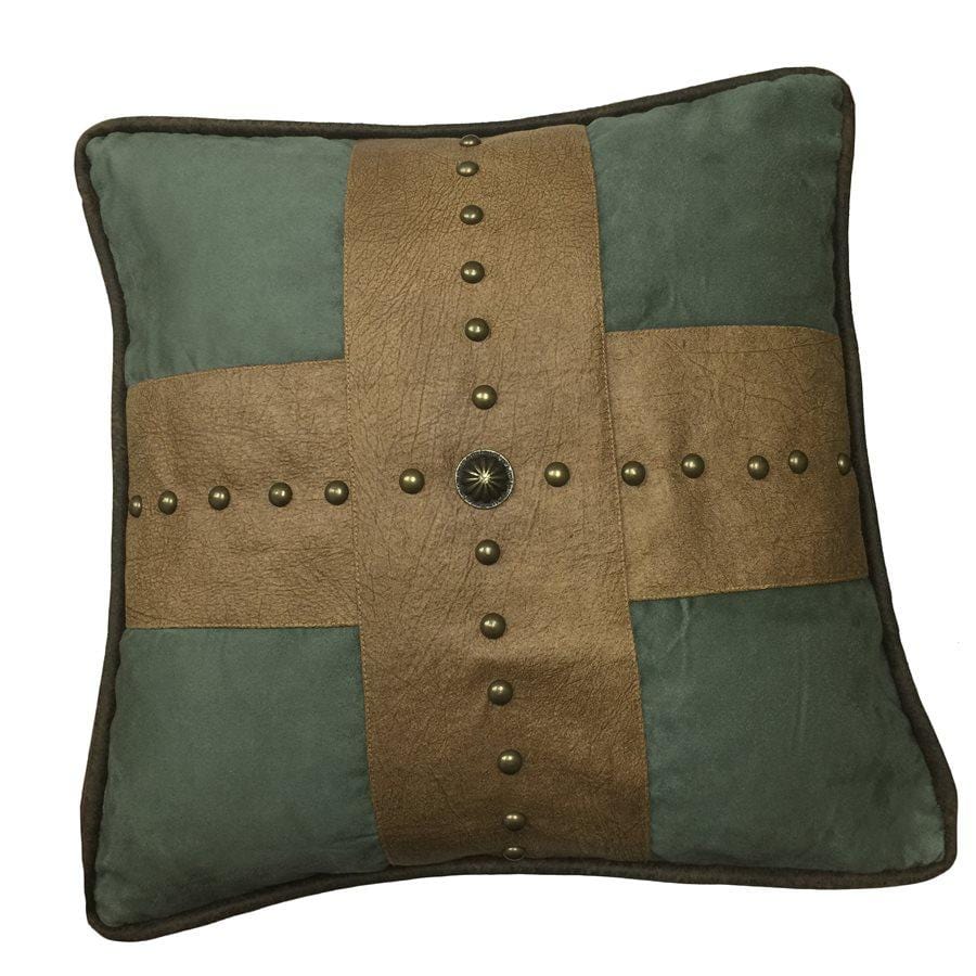Las Cruces Gold Studded Cross Throw Pillow - Tan & Turquoise Decorative Cushion for Sofa, Bed, or Home Decor