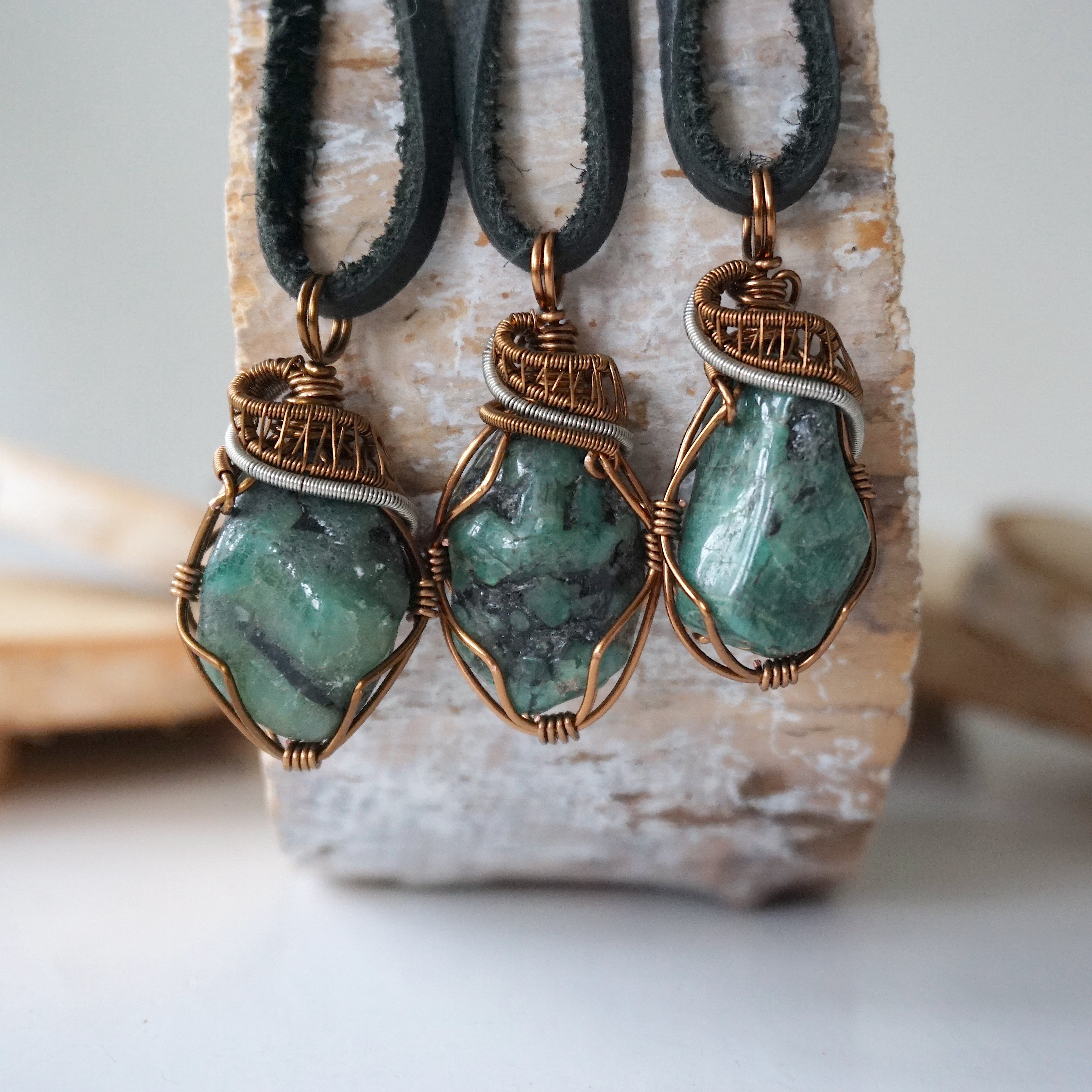 Handmade Men's Raw Emerald Necklace - Sterling Silver & Bronze Wire Wrapped Pendant with Black Leather Cord - Perfect for Gifts, Spiritual Healing & Boho Fashion