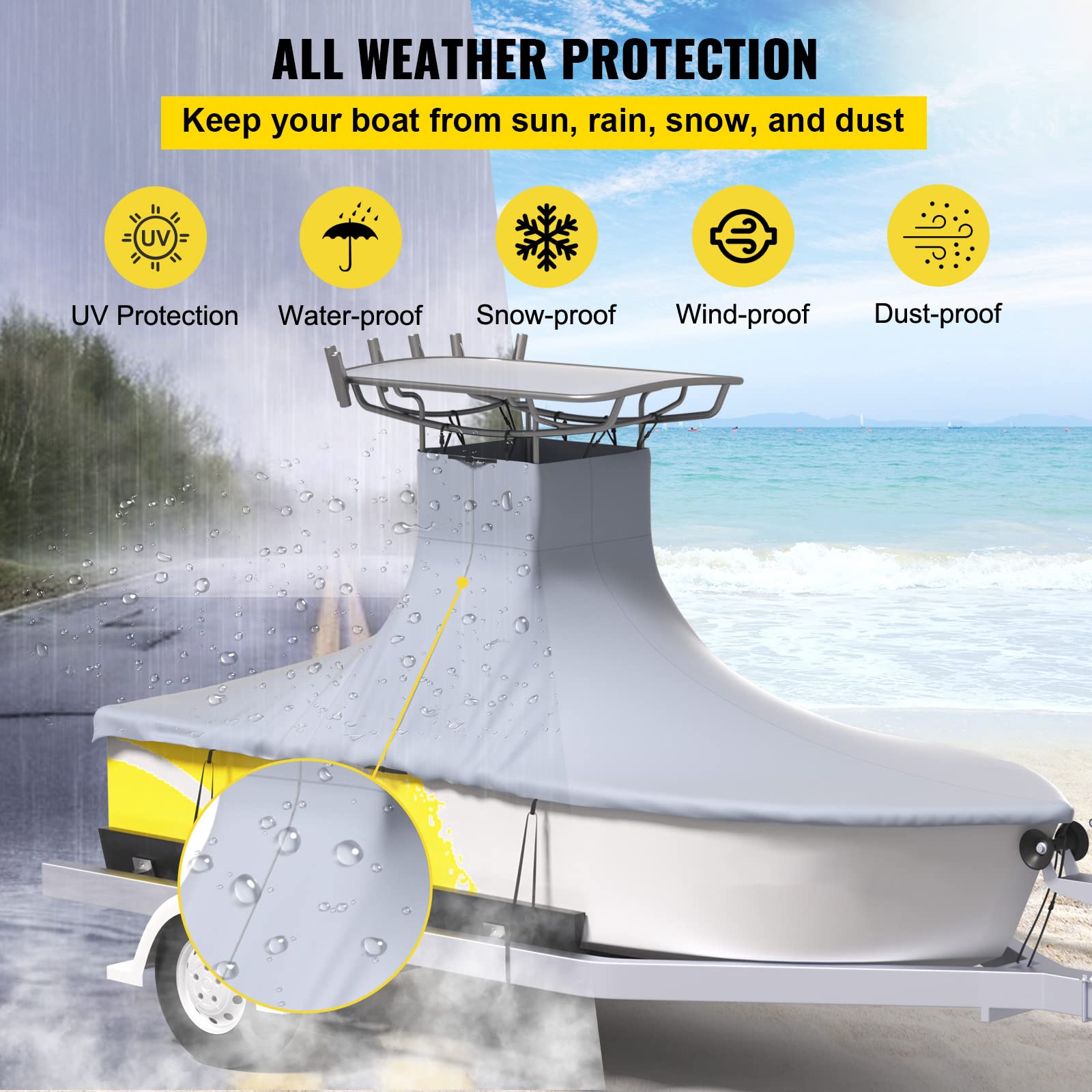 VEVOR Heavy Duty 600D Marine Grade Oxford Boat Cover - UV Resistant Waterproof T-Top Cover for 18.5'-20' Center Console Boats with 2 Support Poles & 5 Windproof Straps (Gray) | Perfect for Saltwater Fishing, Offshore Boating & Marine Protection
