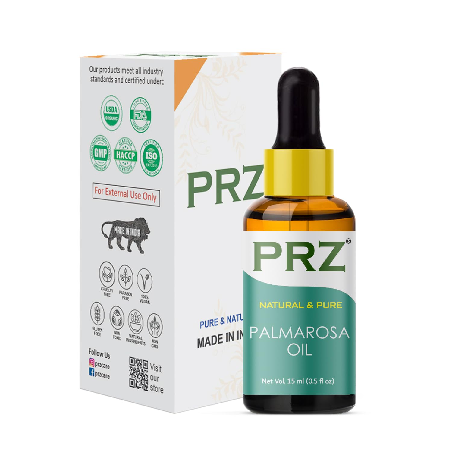 PRZ Palmarosa Essential Oil - 100% Pure Natural Therapeutic Grade for Aromatherapy, Skin Care, Hair Growth & Relaxation (15ml) - Perfect for Diffusers, Massage & DIY Beauty Products