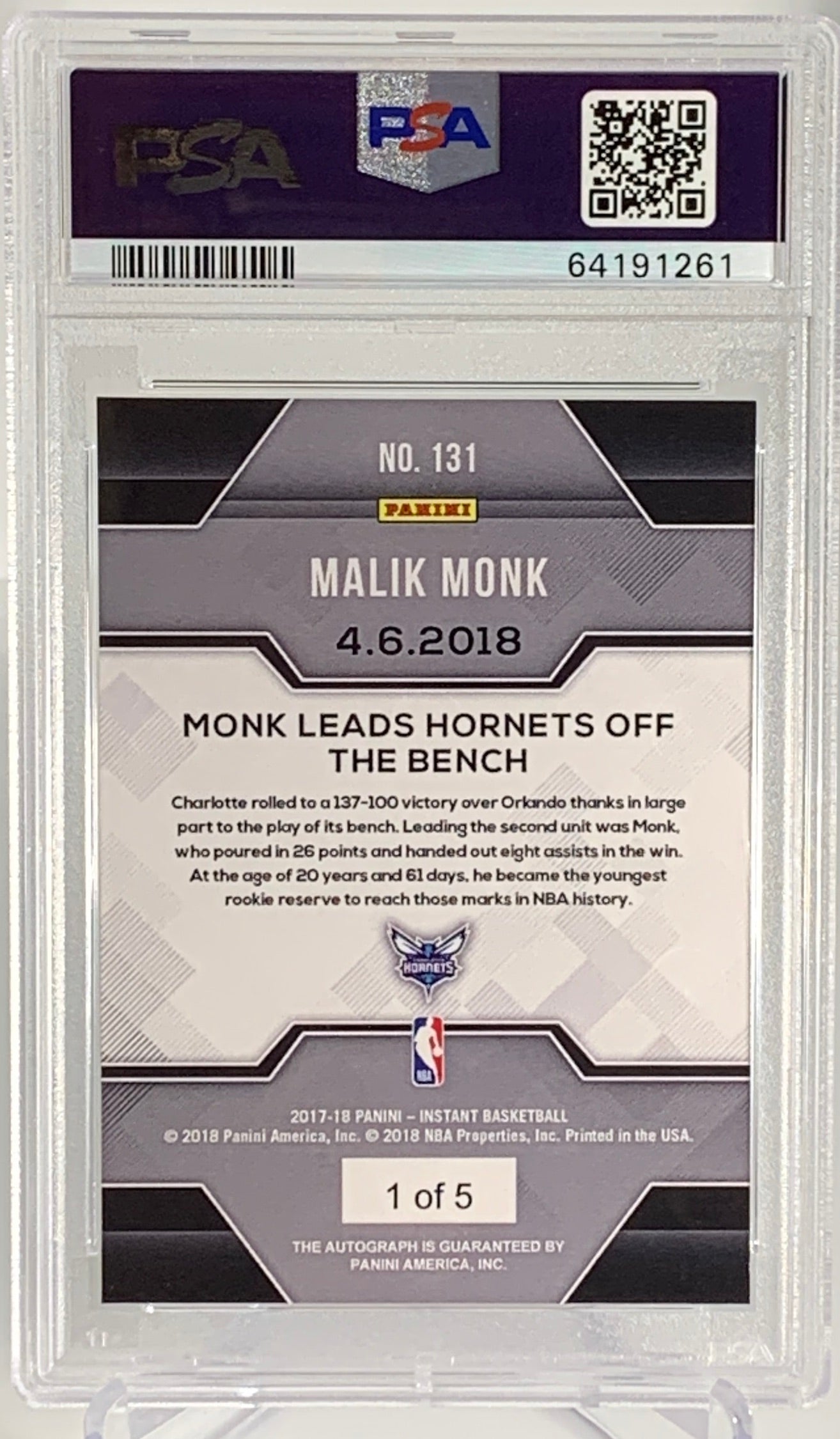 2017 Malik Monk 1/5 AUTO Orange Panini Instant PSA 9 MINT Basketball Card #64191261 - Perfect for Collectors, Investors & Sports Memorabilia Enthusiasts