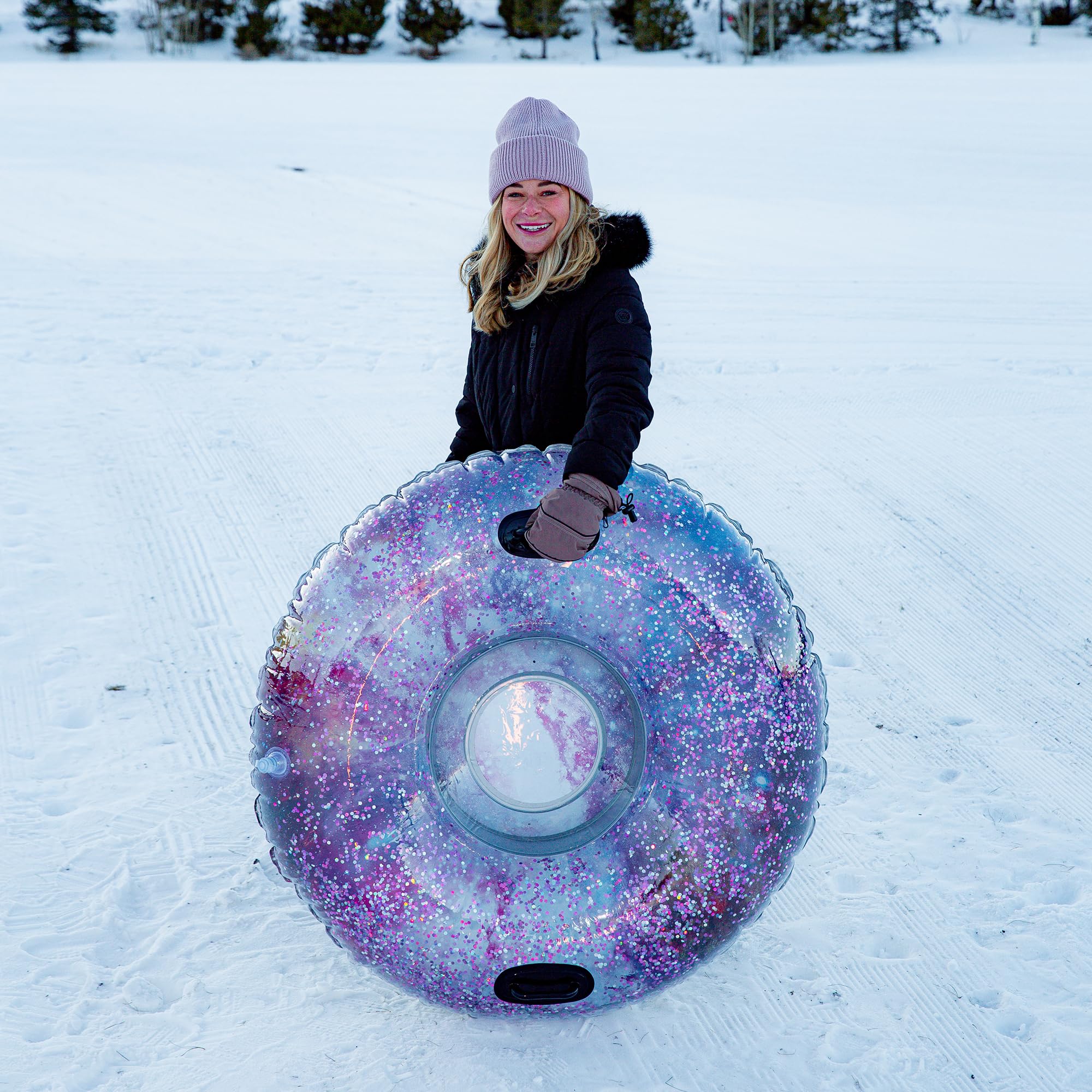 Inflatable Glitter Filled Pink Galactic Snow Tube - 48 Inch Jumbo Winter Sled for Kids & Adults - Perfect for Snow Tubing, Backyard Sliding & Outdoor Winter Fun