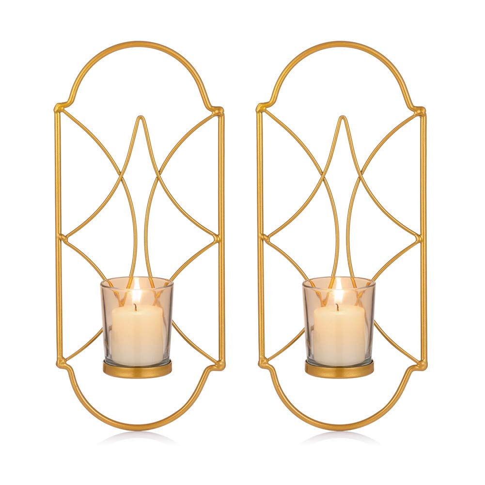 Set of 2 Gold Metal Wall Sconce Candle Holders with Glass - Vintage Home Decor for Living Room, Fireplace, Yard & Pathway Lighting - Wall Mounted Candle Sconces for Indoor/Outdoor Use