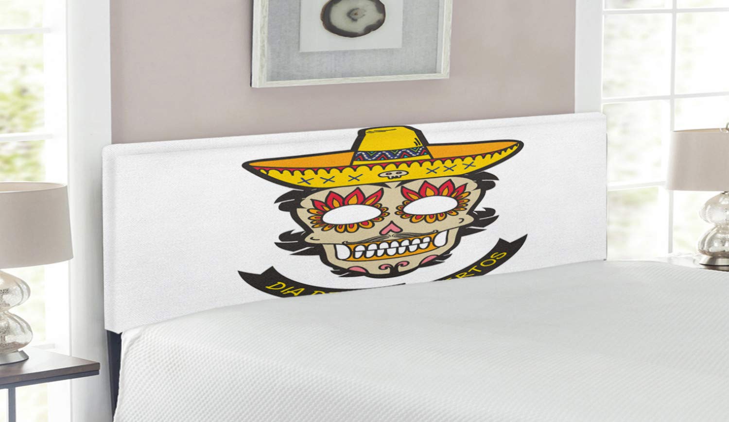 Ambesonne Day of The Dead Headboard - Colorful Skull with Sombrero & Mustache Eyes Art, Upholstered Decorative Metal Bed Headboard with Memory Foam, Queen Size in Yellow White Ivory - Perfect for Mexican-Themed Bedrooms & Cultural Home Decor