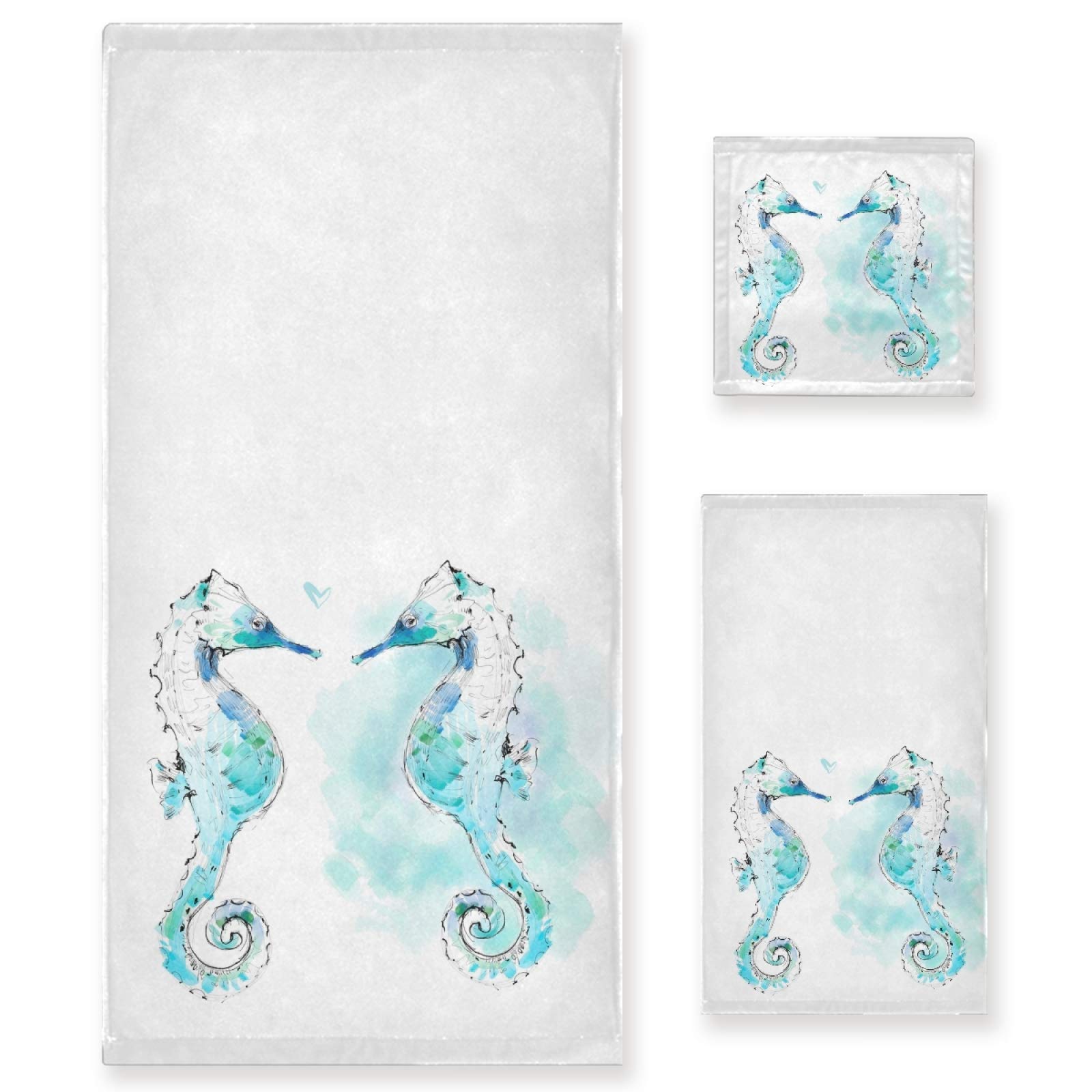 Cute Seahorse Luxury Bath Towel Set - 3 Piece Soft Decorative Towels (1 Bath, 1 Hand, 1 Washcloth) for Bathroom, Hotel, Gym, Spa & Kitchen | Perfect for Beach House Decor, Guest Bathrooms & Spa Days