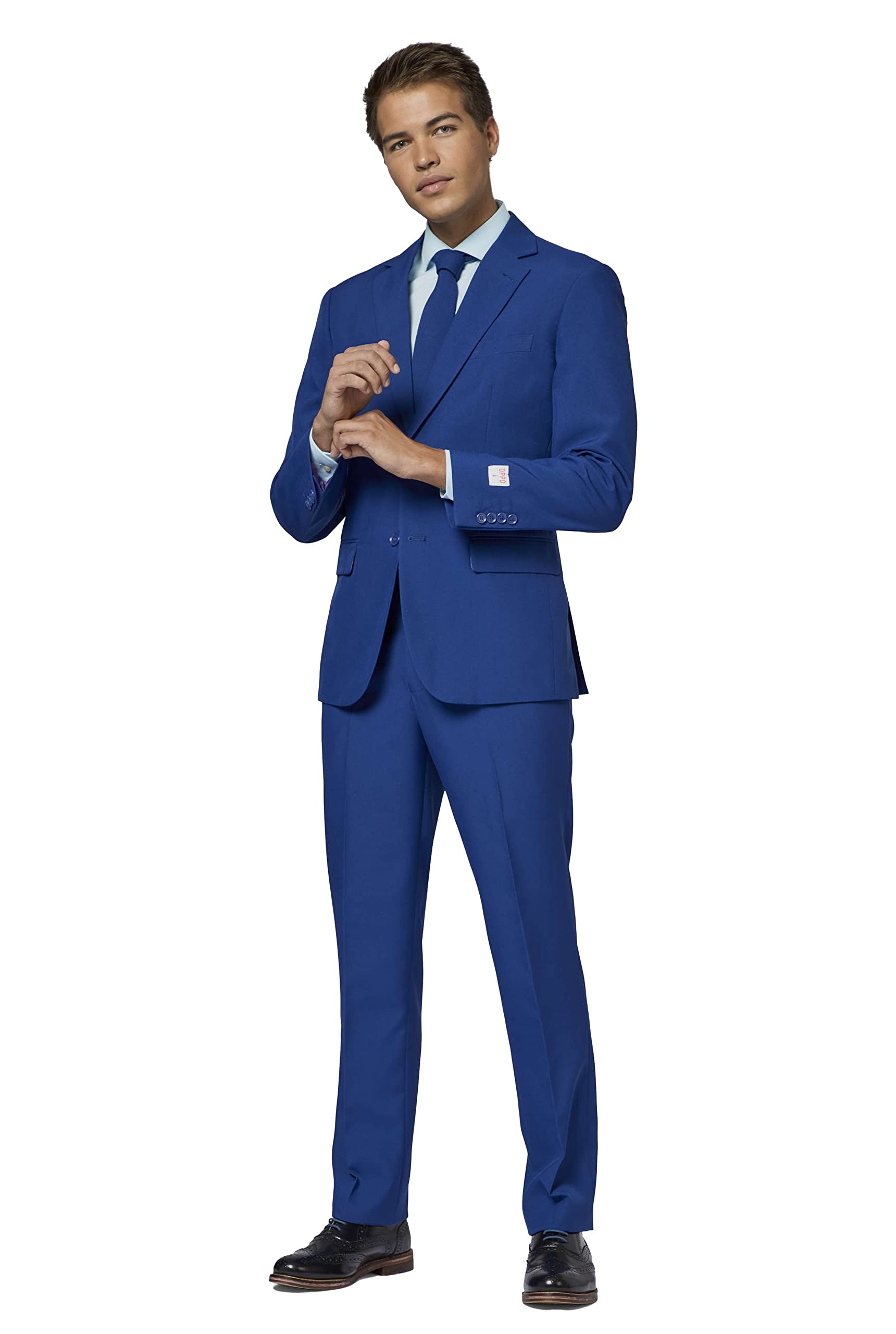 Opposuits Men's Slim Fit 2-Piece Suit with Flamingo Lining - Navy Blue Blazer & Pants Set with Matching Tie | Perfect for Costume Parties, Weddings, and Themed Events