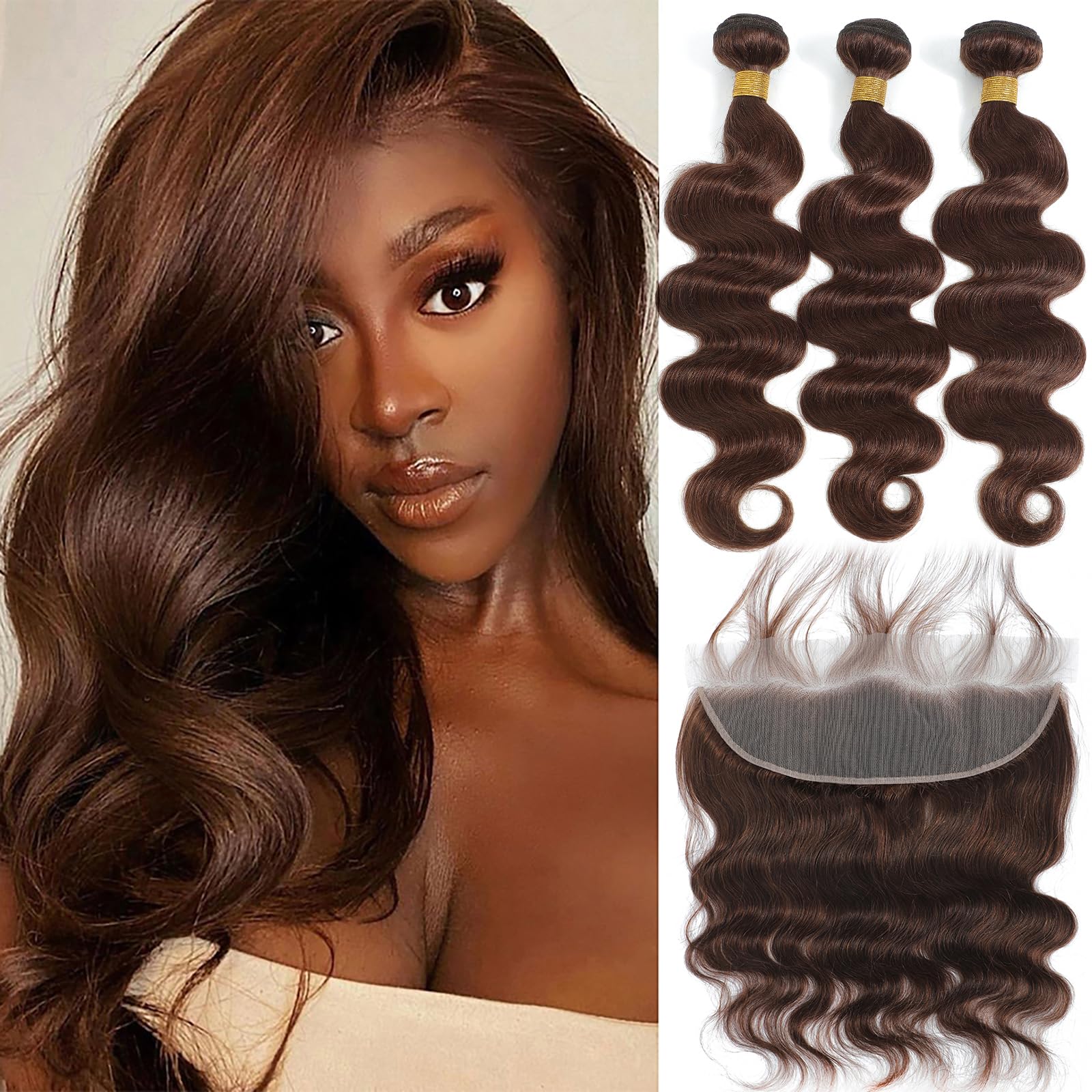 Kapelli 10A Brazilian Virgin Human Hair Bundles with Lace Frontal - 16 18 20+14 Inch Body Wave Bundles in Light Brown | Natural Looking Lace Closure with Baby Hair for Stunning Weaves & Protective Styles