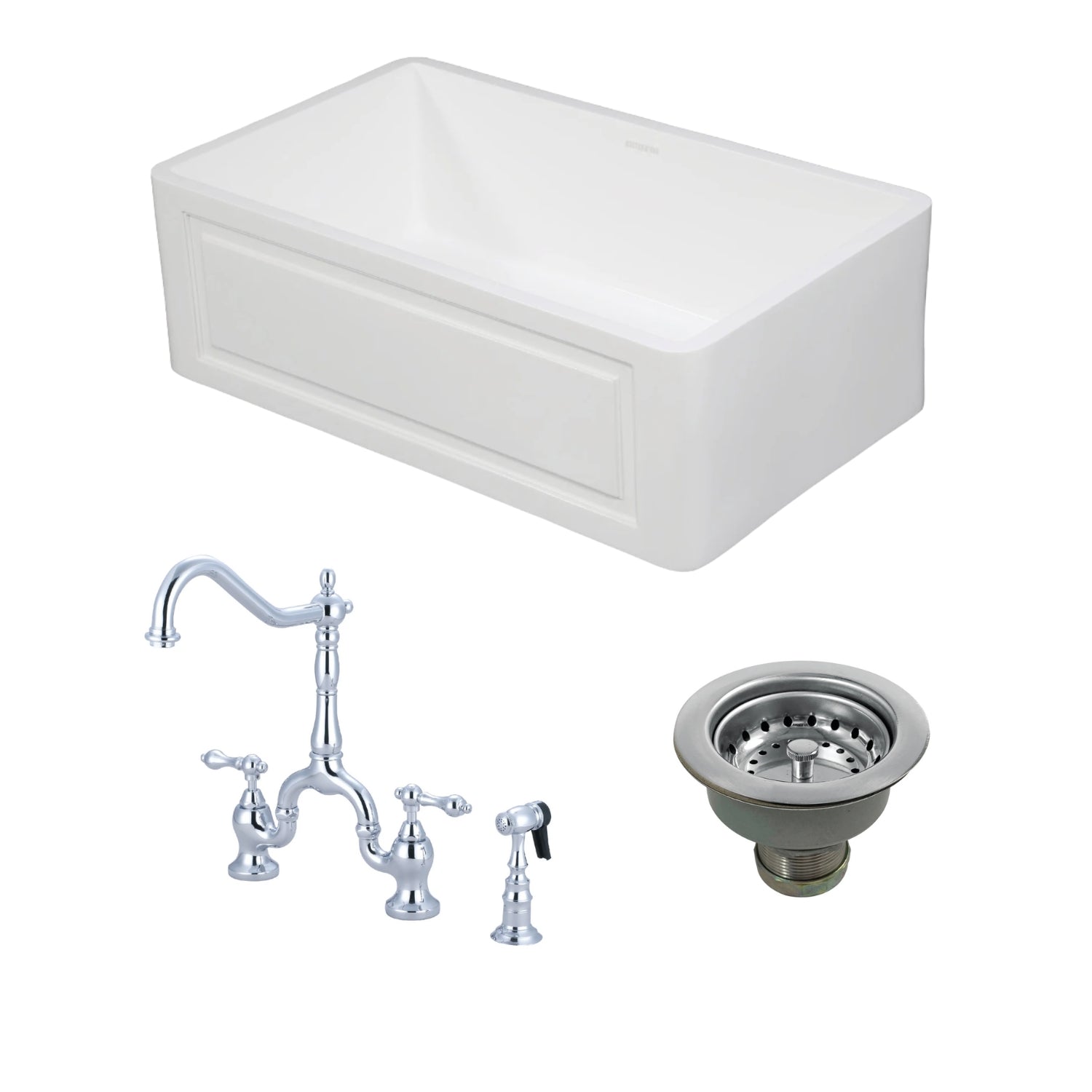 Arcticstone 30 Inch White Farmhouse Kitchen Sink - Single Bowl Undermount with Deck Mount Bridge Faucet, Side Sprayer & Basket Strainer in Polished Chrome - Perfect for Rustic & Modern Kitchen Renovations