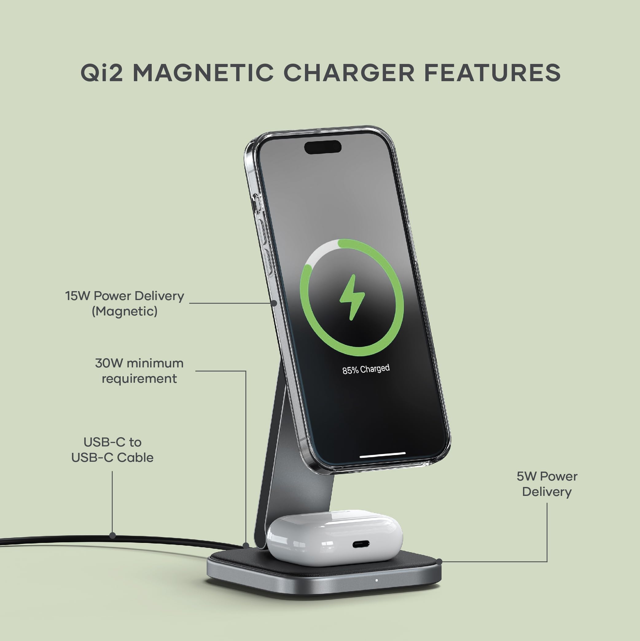Satechi 2-in-1 Magnetic Wireless Charging Stand - 15W Qi2 Certified Foldable Charger for iPhone 16/15/14/13/12 & AirPods Pro 4/3/2 - Portable Travel Charging Station for Home, Office & Car