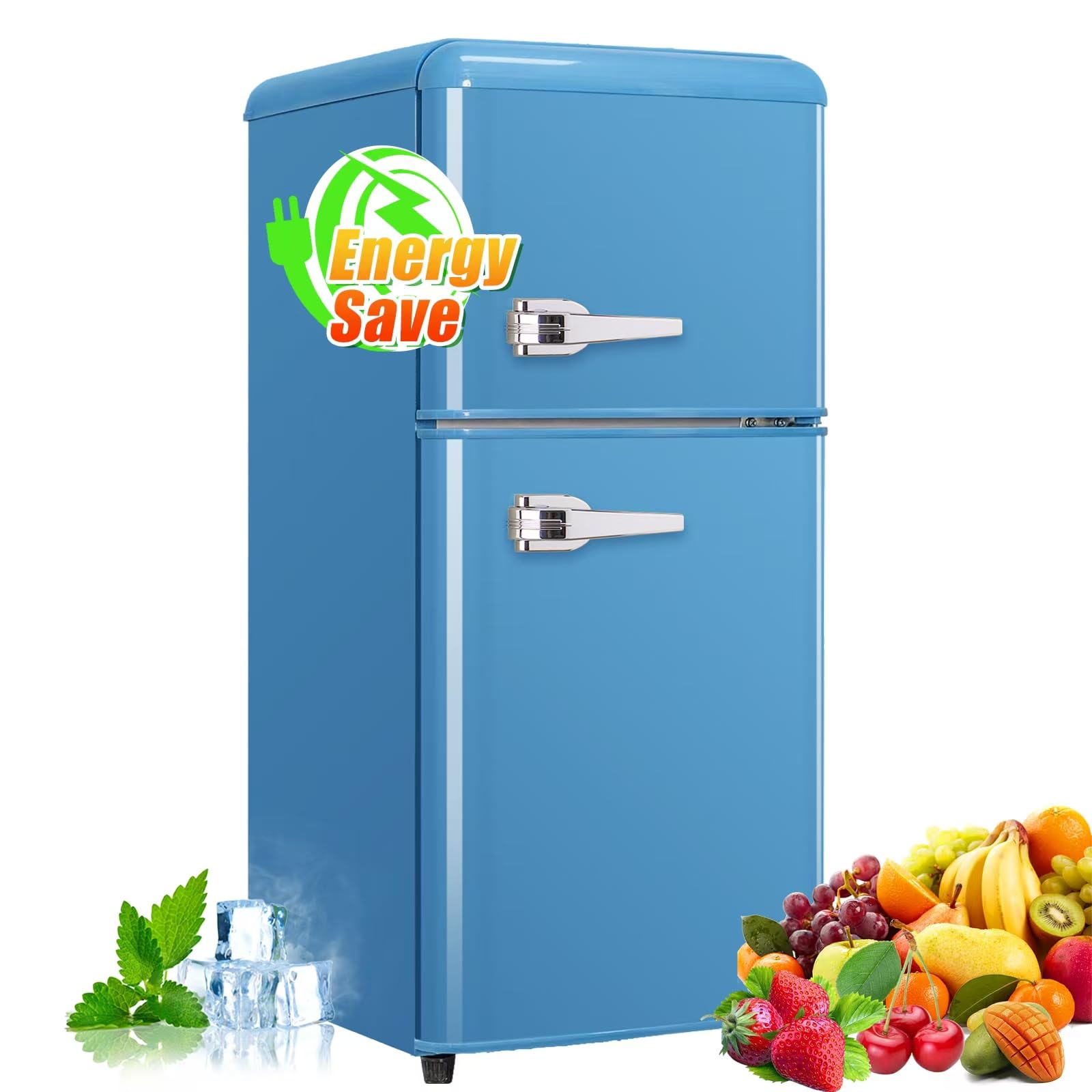3.2 Cu.Ft Retro Mini Fridge for Bedroom - Adjustable Removable Double Door Compact Refrigerator in Blue | Perfect for Dorm, Office, Cabin & Small Spaces | Keep Drinks & Snacks Fresh Anywhere