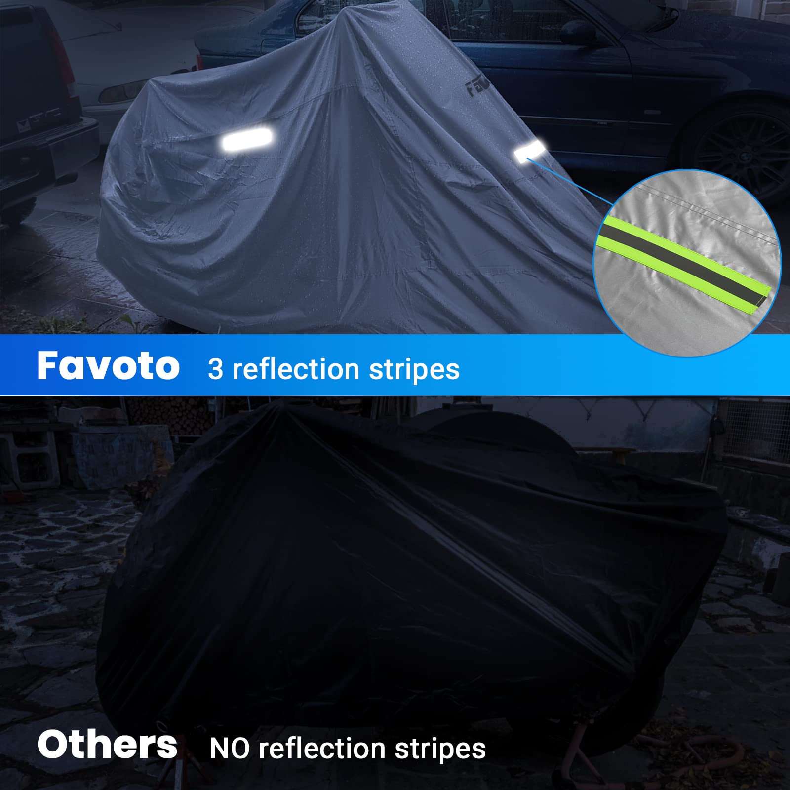 Favoto Waterproof Motorcycle Cover - UV Protection, Windproof with Reflective Strips & Buckle Lock | Storage Bag Included | Fits 104 Inch Bikes | Ideal for Outdoor Parking, Travel & Long-Term Storage (Cool Silver)