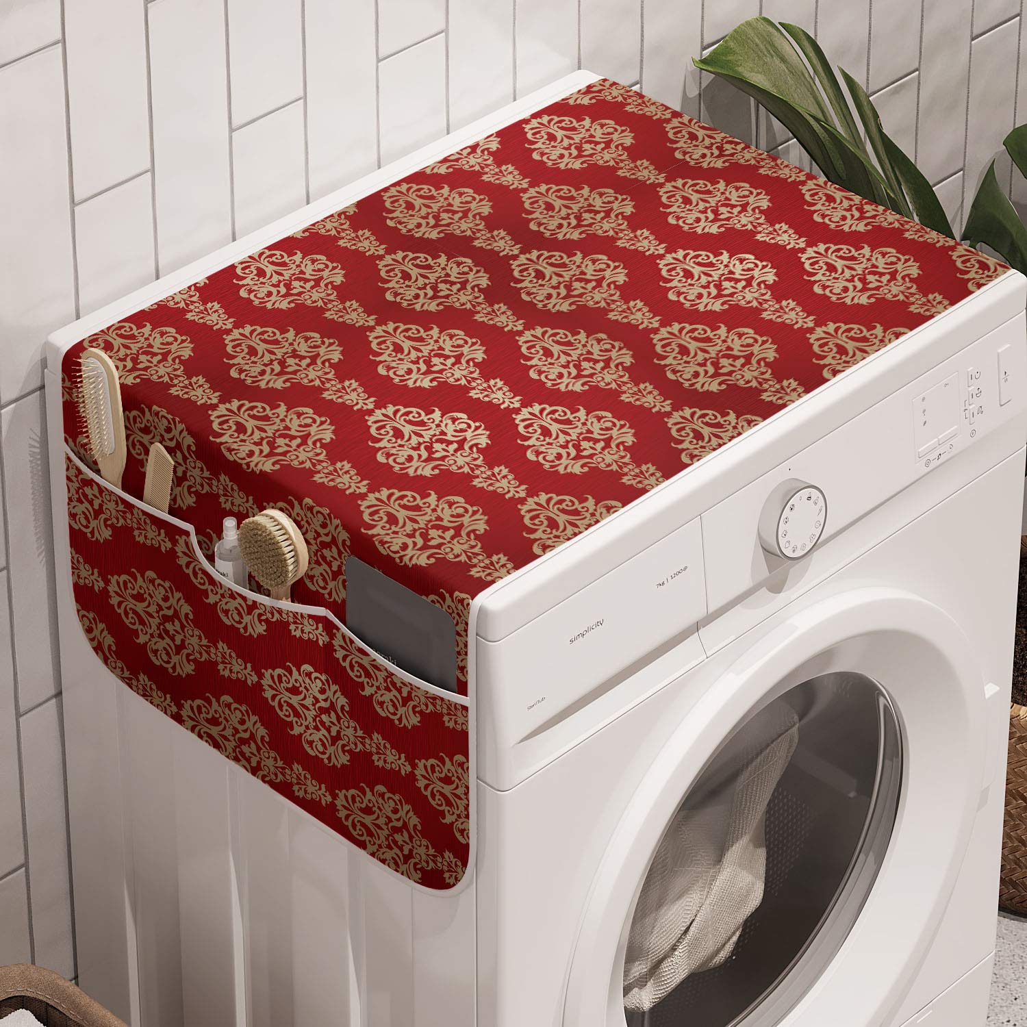 Ambesonne Damask Washing Machine Cover Organizer - Anti-Slip Fabric Protector for Washers & Dryers, 47
