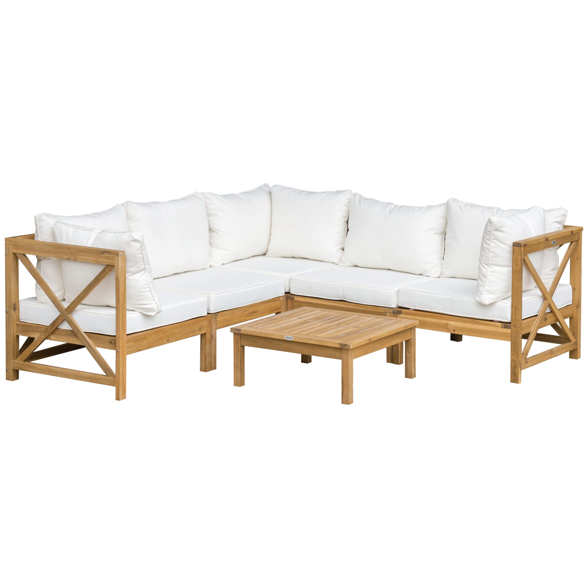 Outsunny 6-Piece Acacia Wood Patio Furniture Set with Cushions - Outdoor Sectional Sofa & Coffee Table Conversation Set in Cream White - Perfect for Backyard, Garden, Poolside & Patio Relaxation