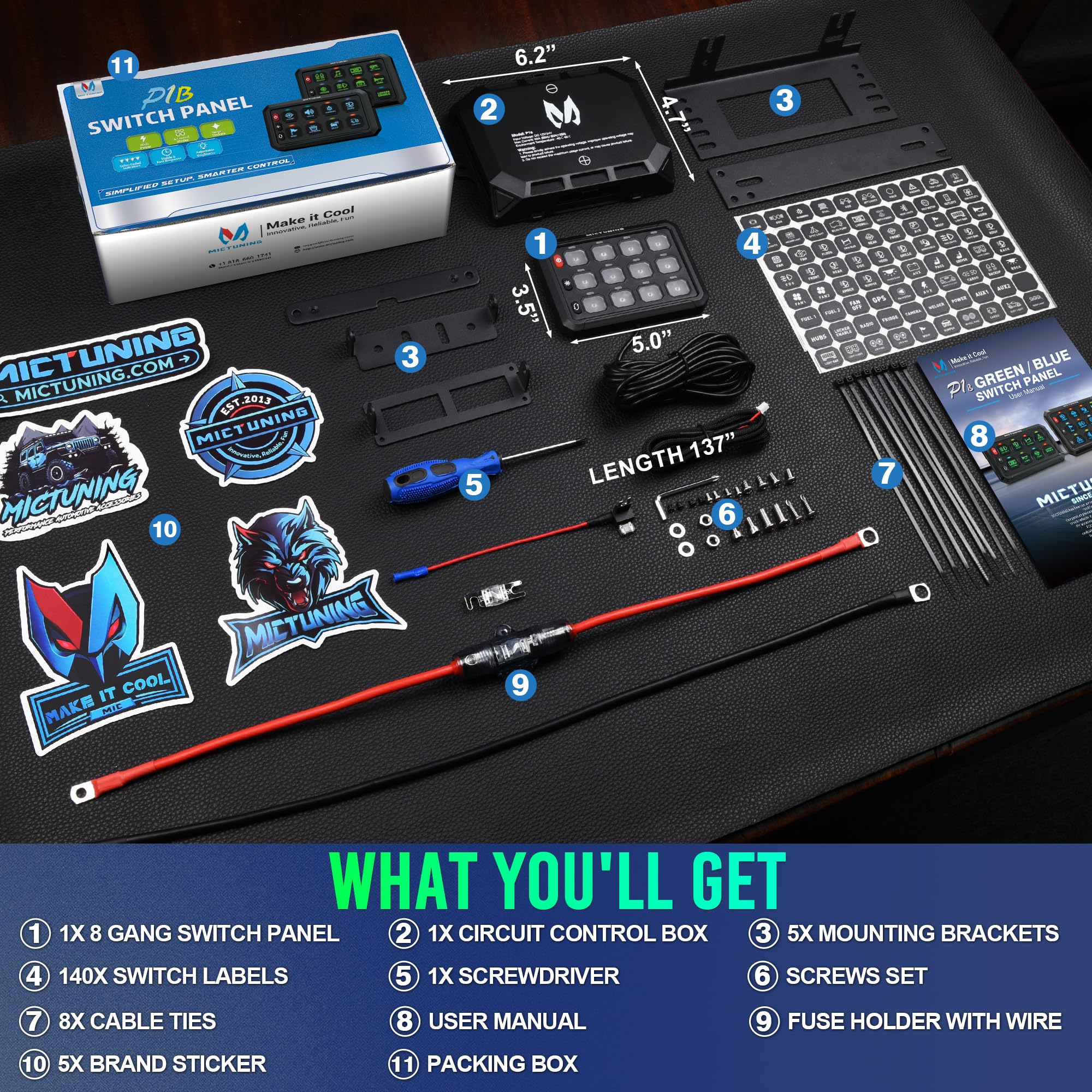 MICTUNING P1B 12 Gang Switch Panel - Multifunction Toggle Momentary Flash Strobe Pulsed with Backlit Off Switch Pod - On/Off Circuit Control Relay Box for Car, Truck, ATV, Off-Road & Marine Vehicles - Perfect for Off-Roading, Camping & Emergency Lighting - Green