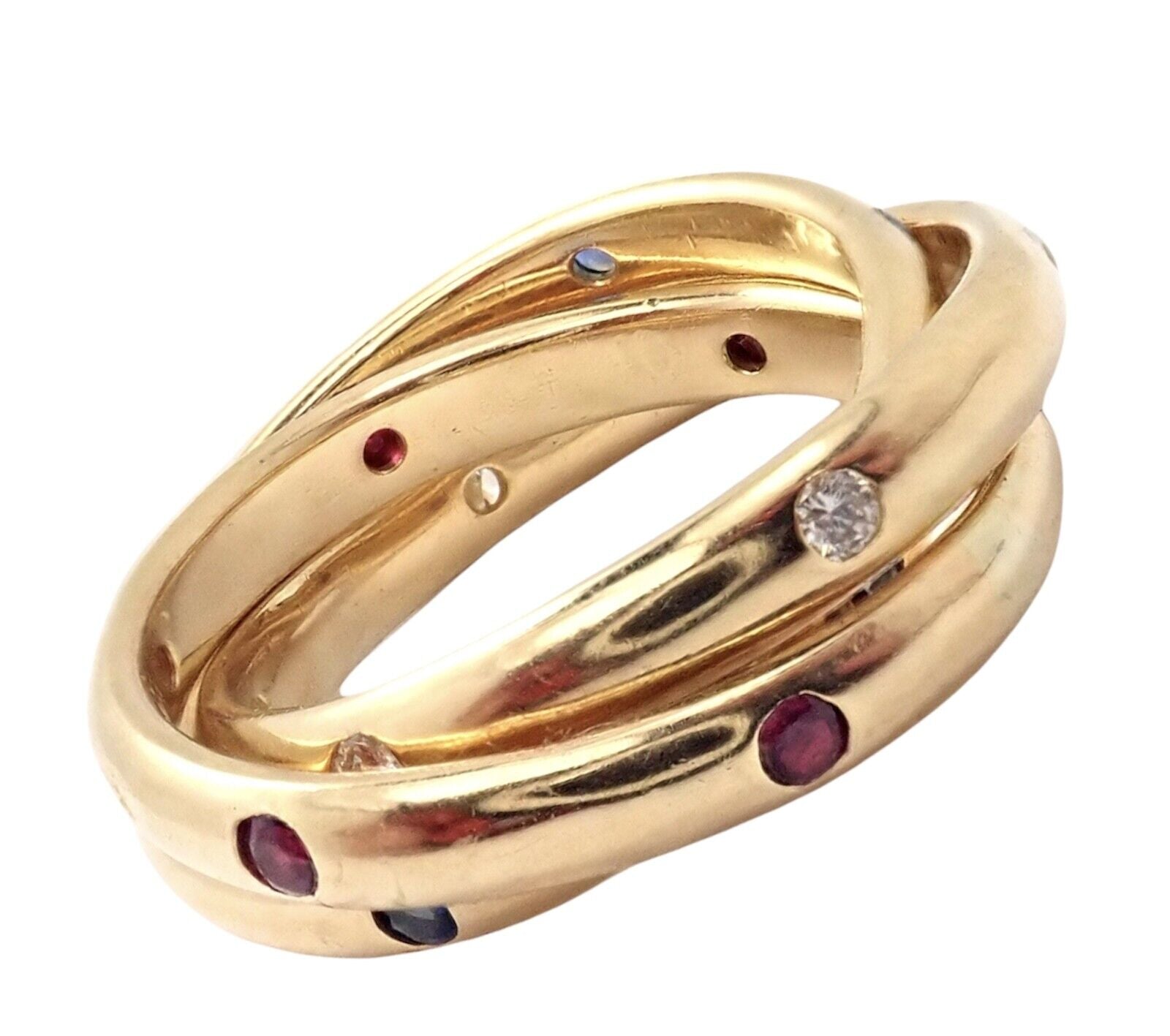 Authentic Cartier 18k Yellow Gold Ruby Sapphire Diamond Trinity Band Ring Vintage 1995 - Luxury Jewelry for Anniversary, Wedding & Special Occasions