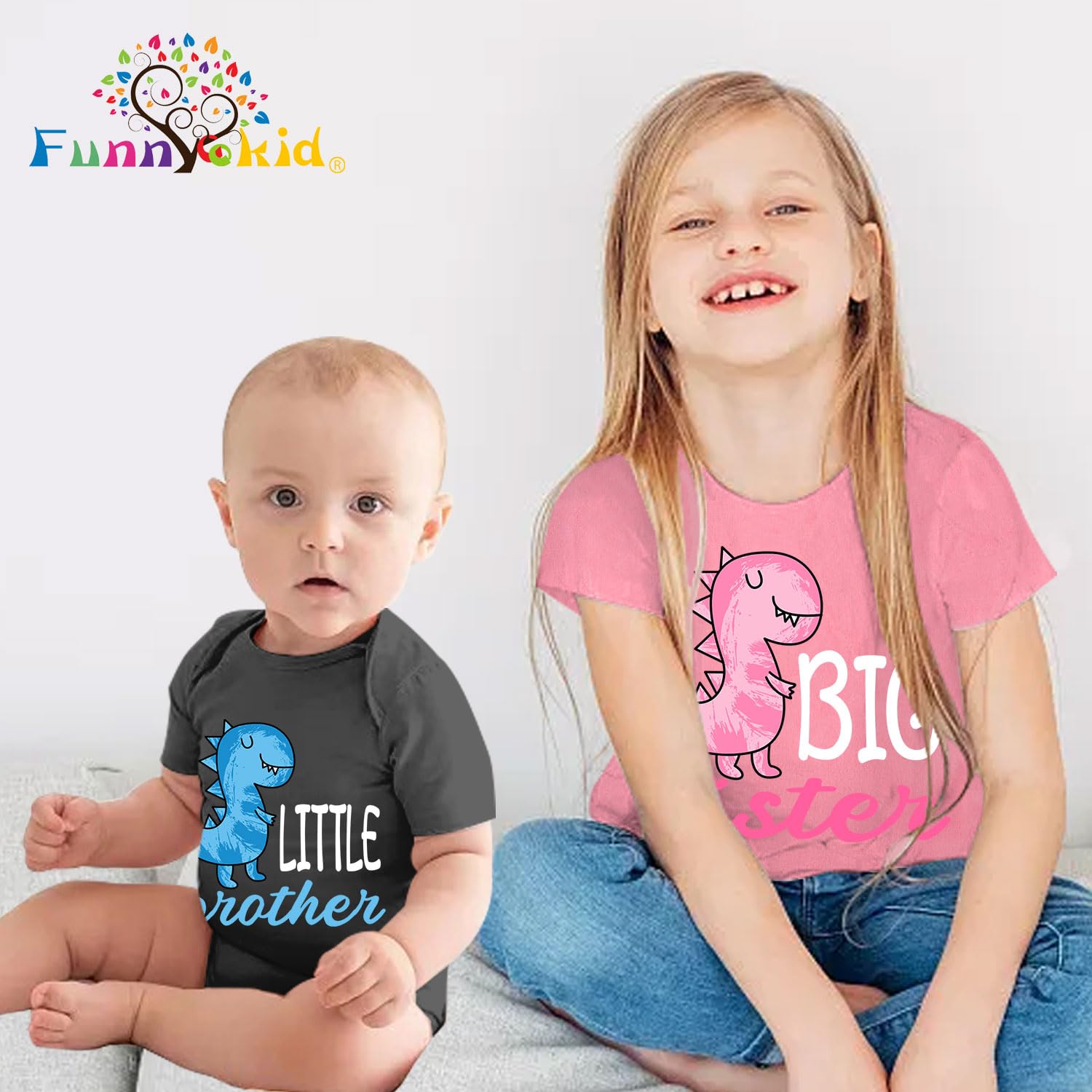Funnycokid Big Sister Little Brother Matching Outfits - Toddler Girl Shirt & Newborn Boys Clothes Set - Sibling Photo Shoot, Family Matching Outfits, Twin Coordination