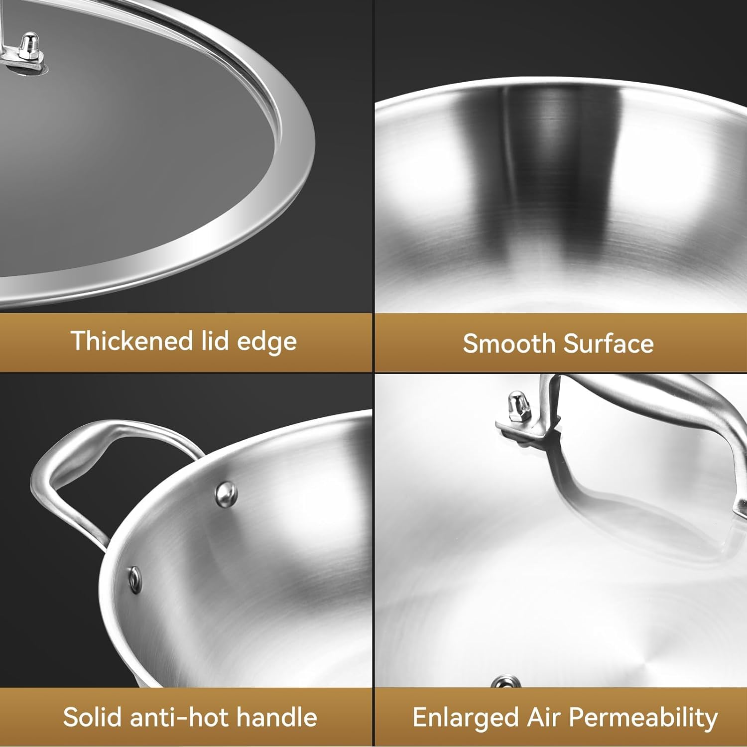 13 Inch Tri-Ply Stainless Steel Wok Pan with Lid - 5.8 Quart Deep Frying Pan, Jumbo Cooker for Induction, Gas & Electric Stoves - Oven & Dishwasher Safe - Perfect for Stir-Fry, Deep Frying & Family Cooking